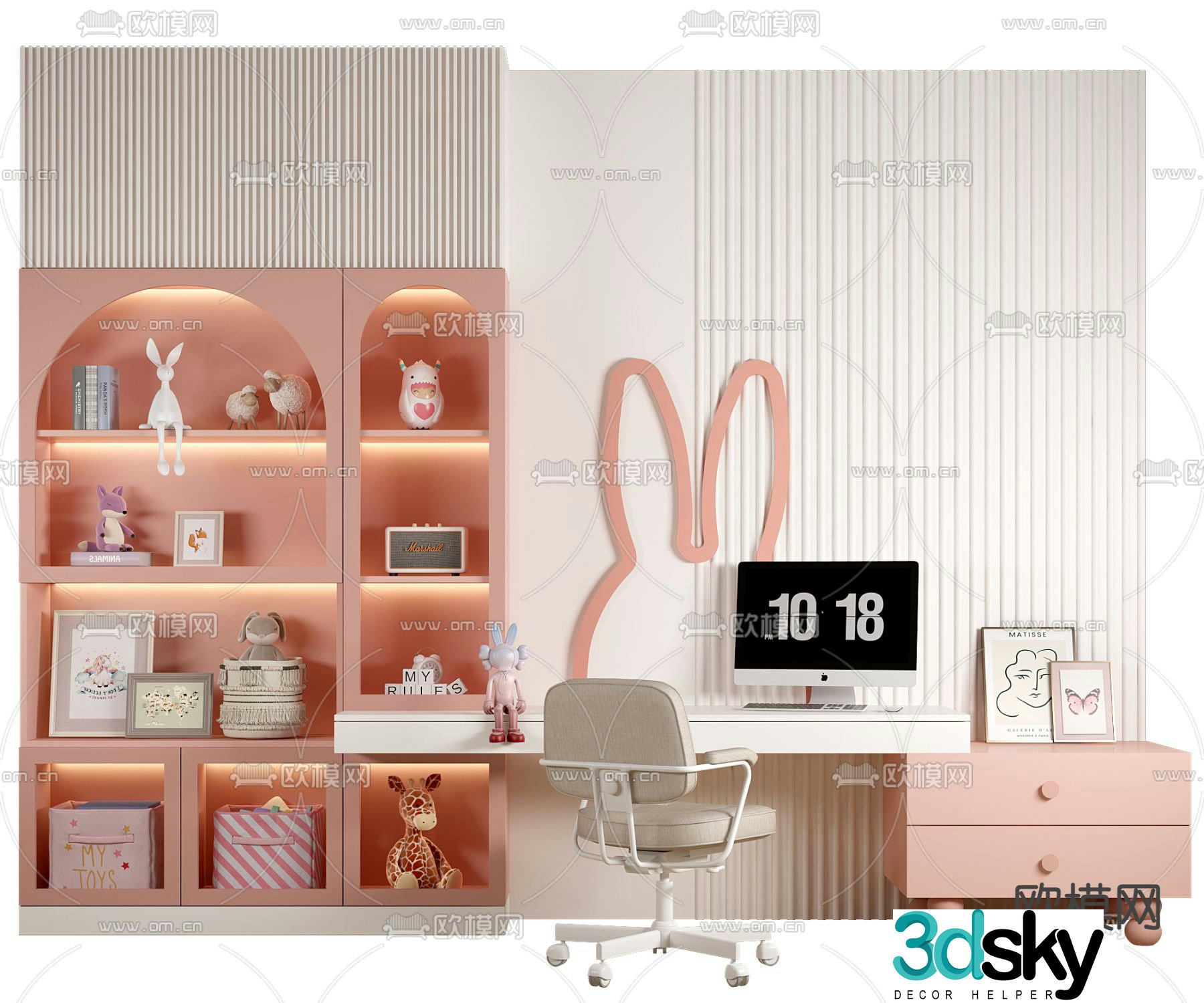 Modern children’s integrated desk bookcase 3d model