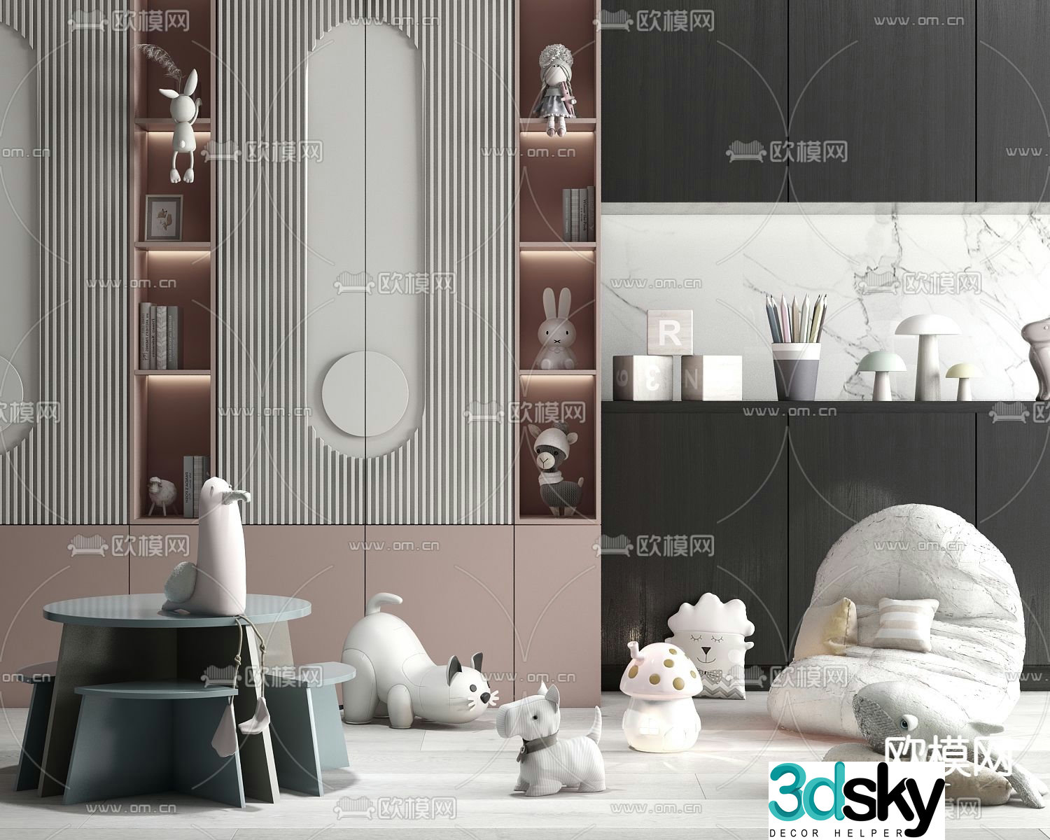 Modern children’s cabinet children’s table and chairs 3d model