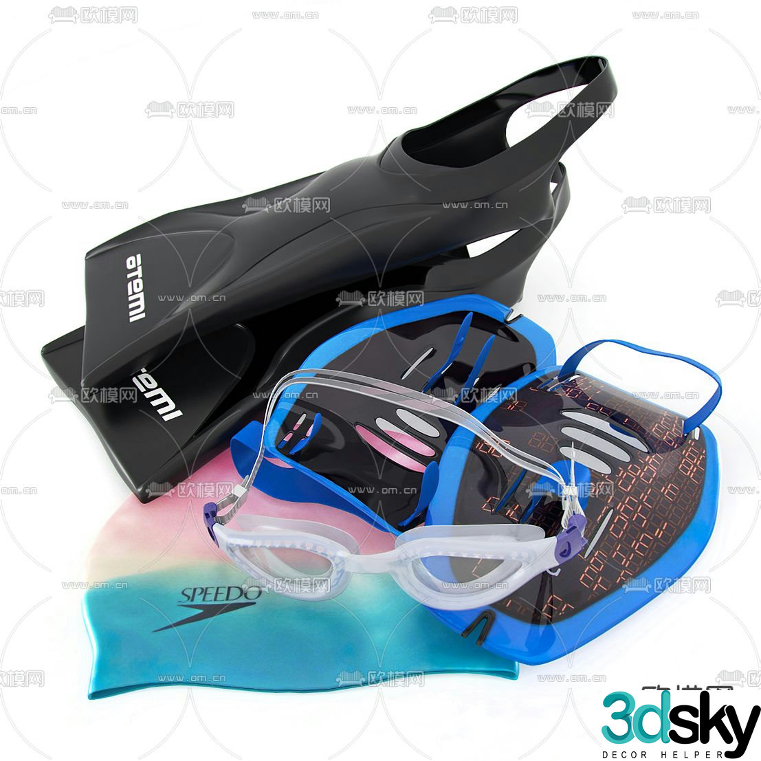 Modern swimming goggles and swimming cap sporting goods 3d model