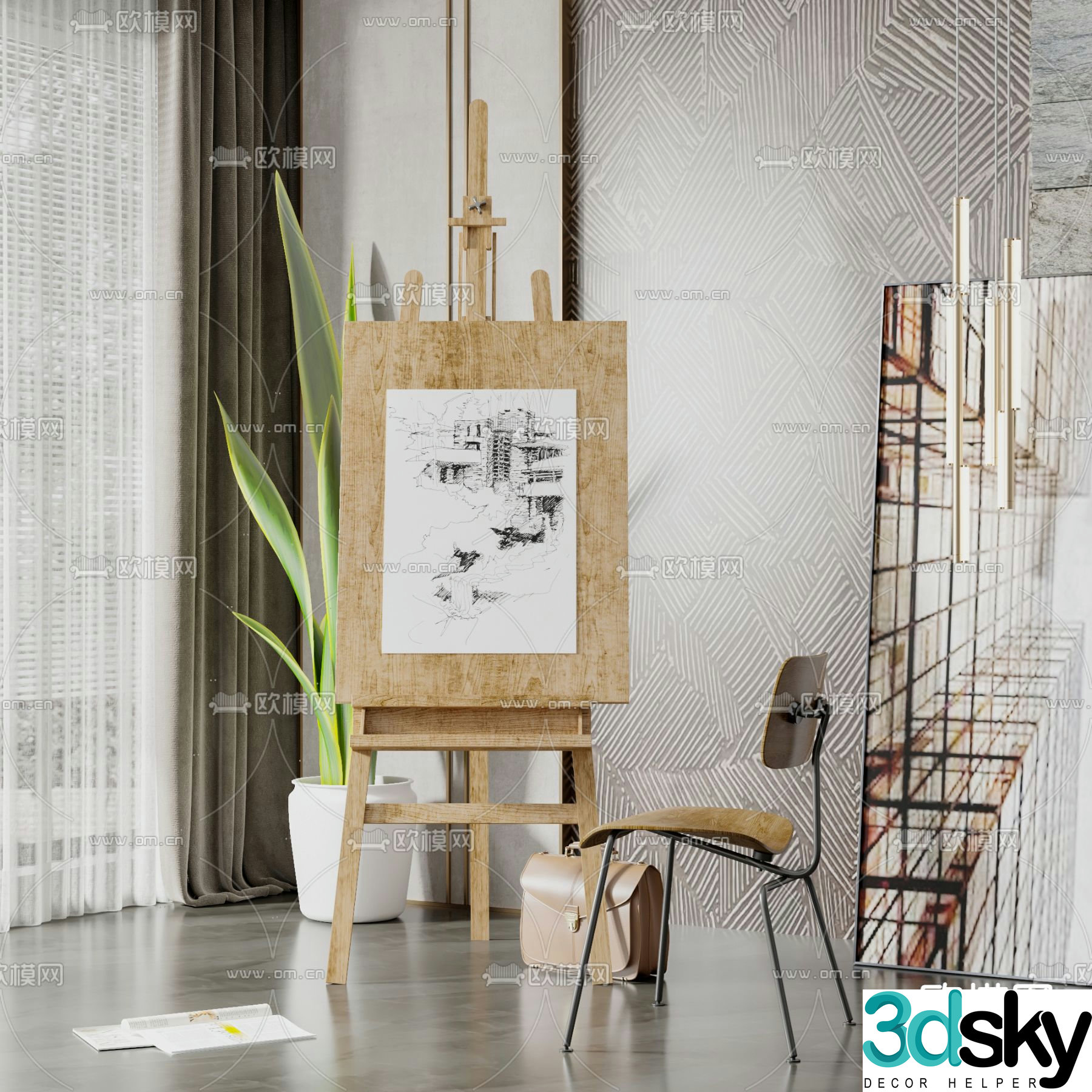 Modern solid wood drawing board easel 3d model