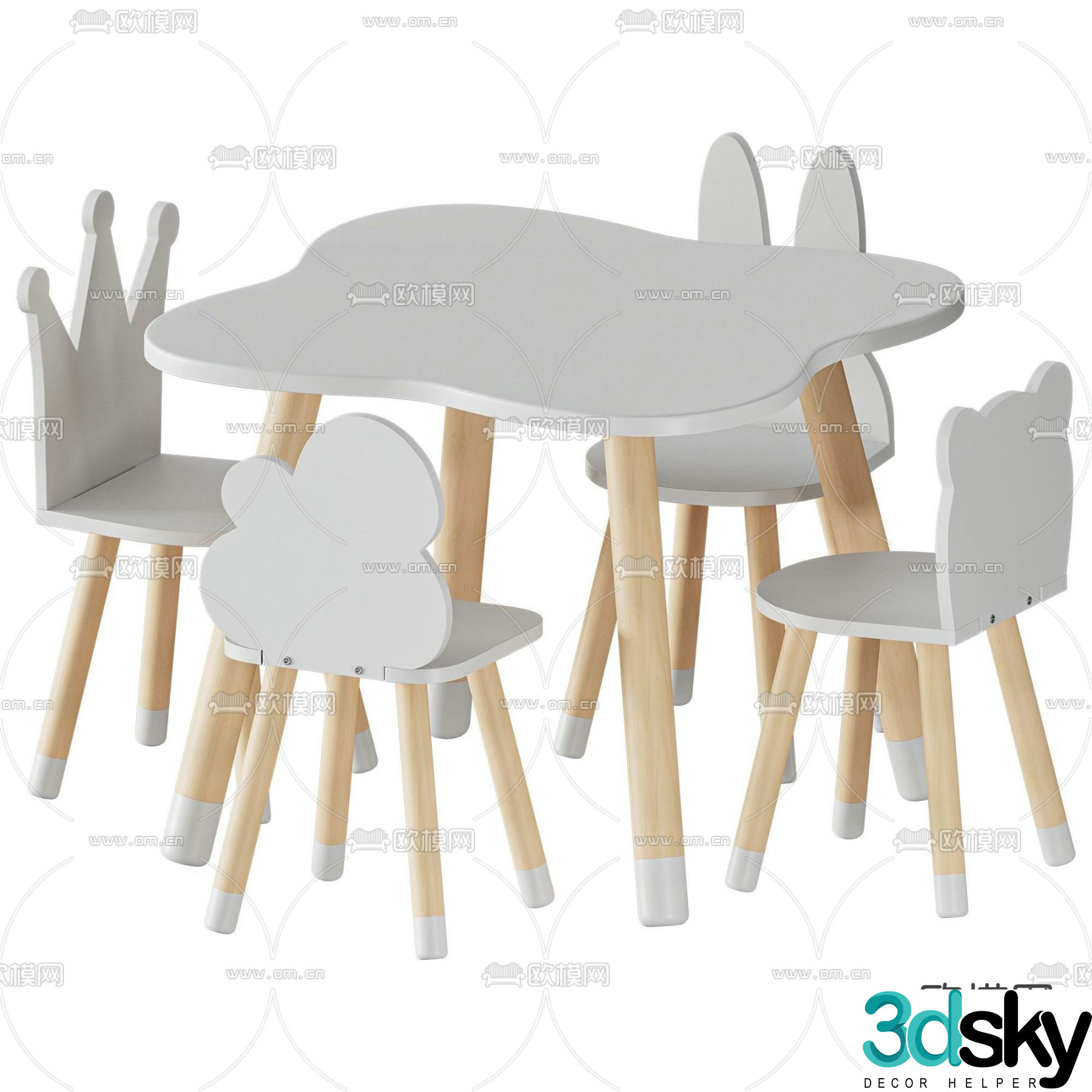 Modern bunny ears children’s table and chair 3d model