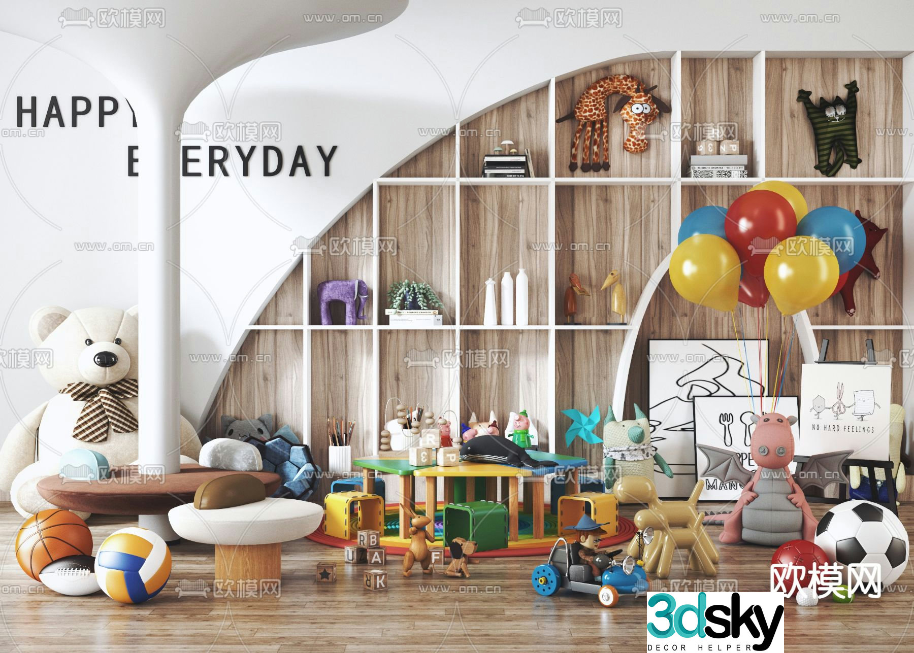 Modern kindergarten puzzle area children’s toy table and chair combination 3D model