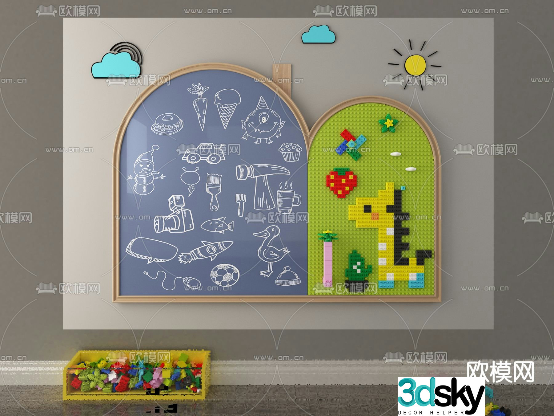 Modern building blocks toys blackboard wall 3d model