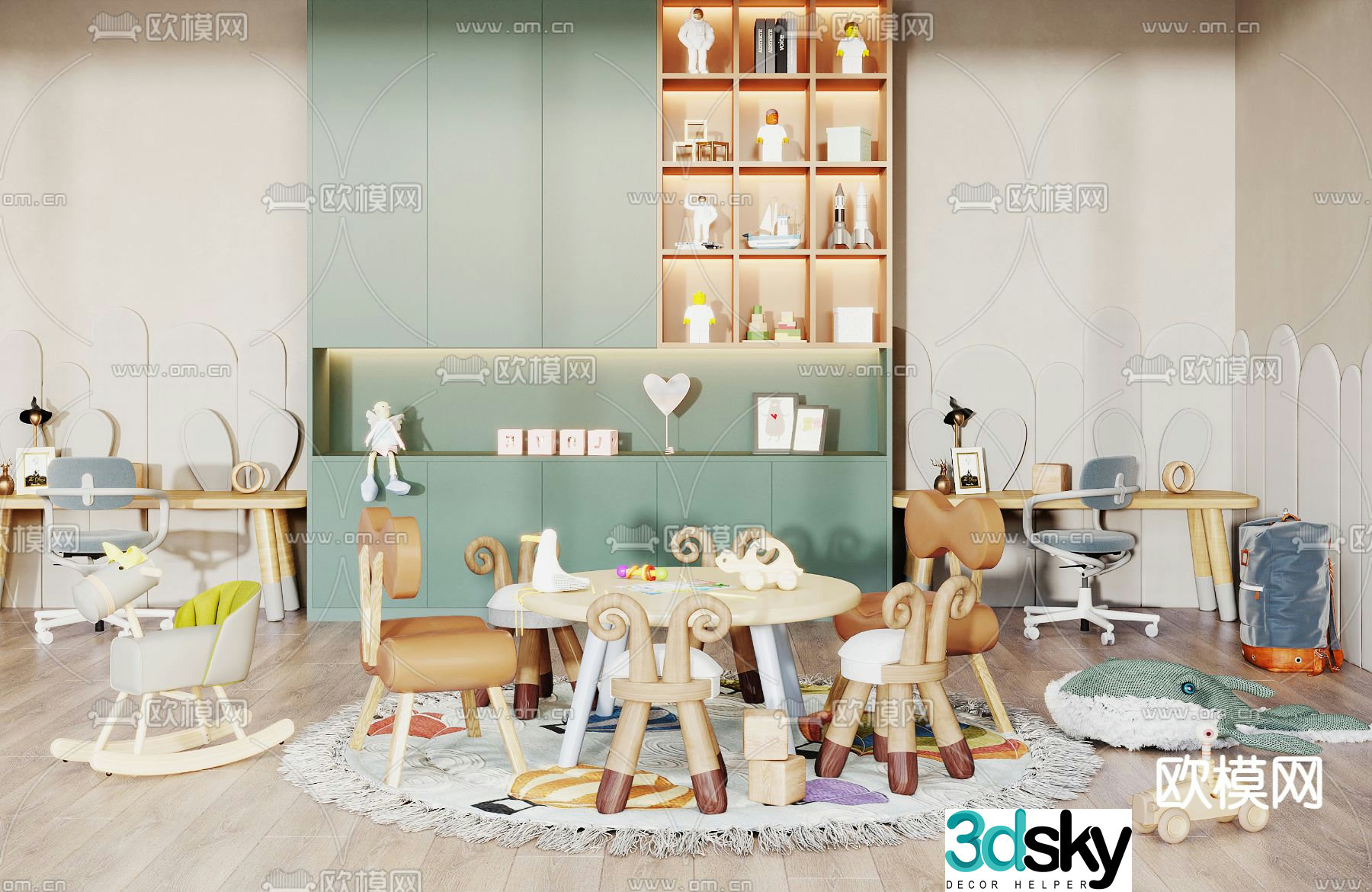 Modern solid wood children’s table and chair 3d model