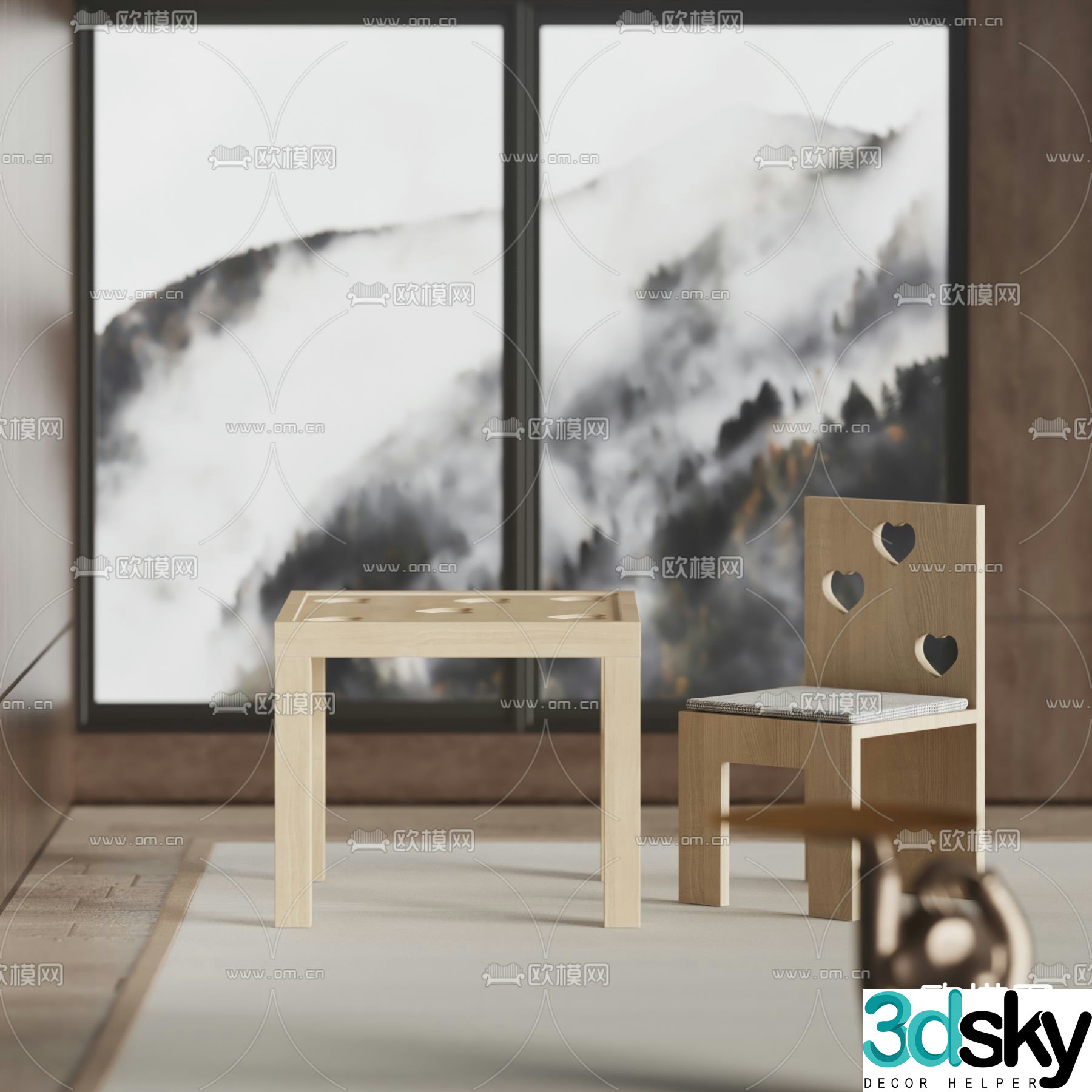 Modern solid wood children’s table and chair 3d model