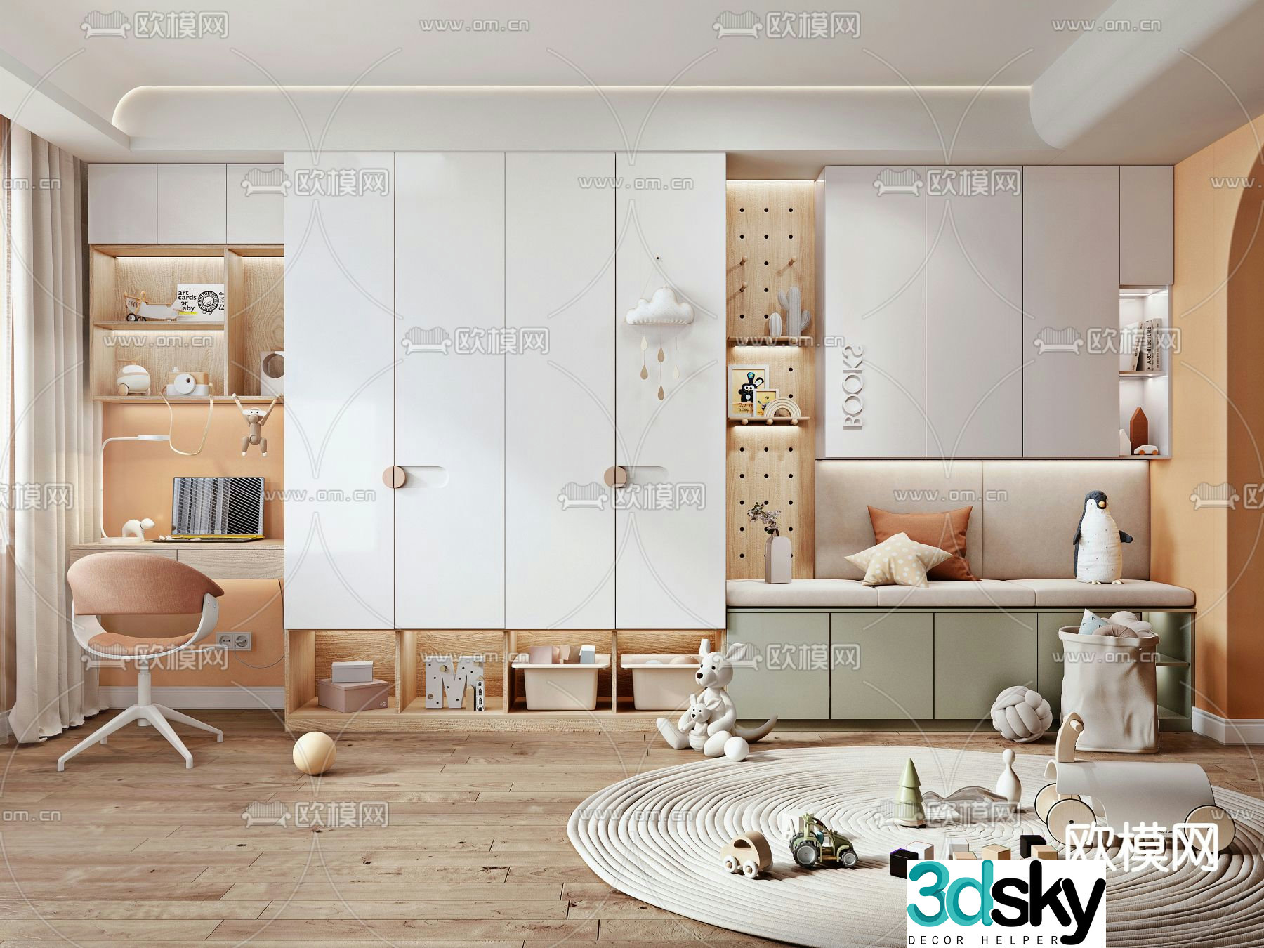 Modern children’s desk bookcase integrated 3d model