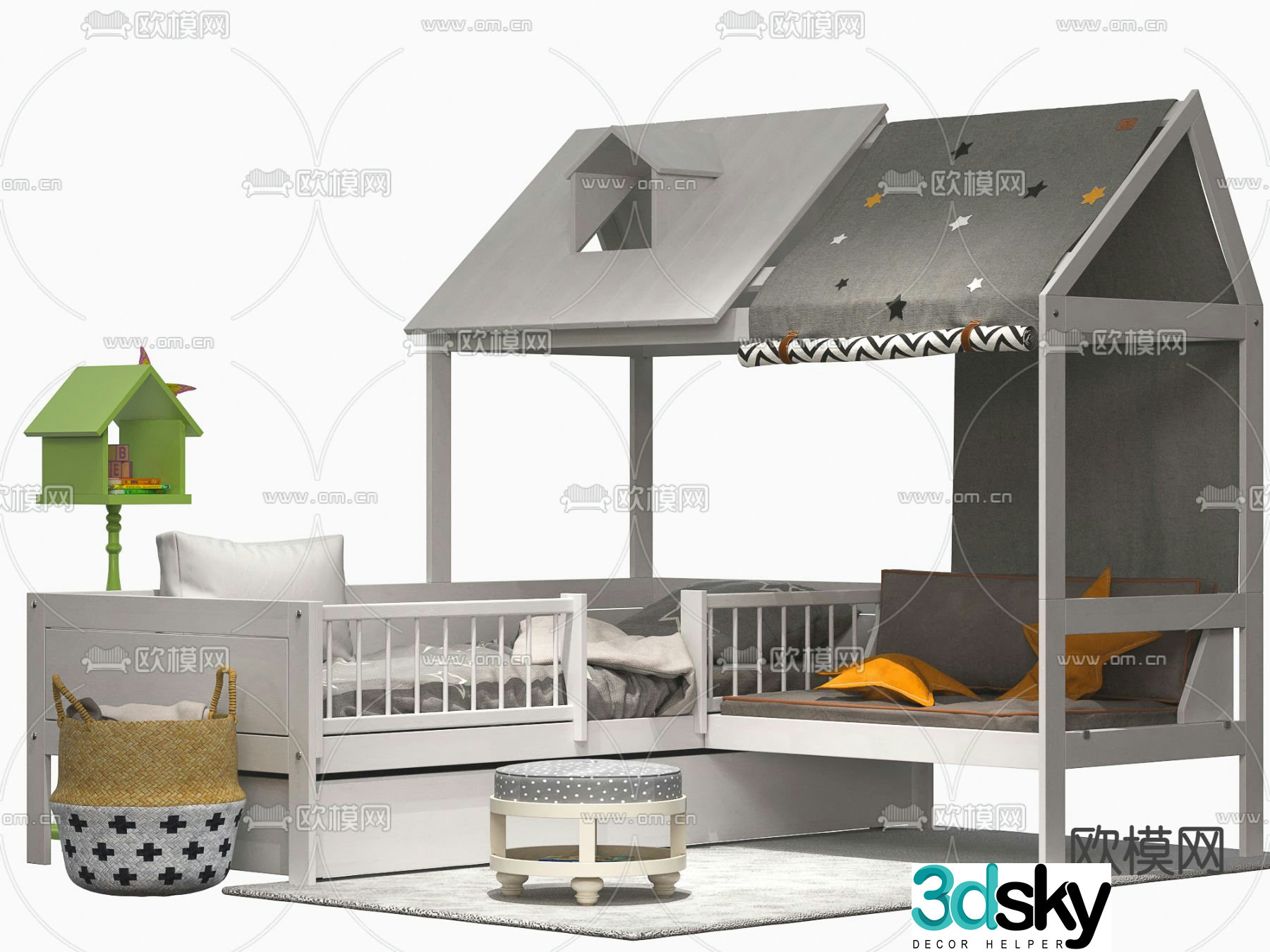 Modern solid wood corner children’s bed 3d model
