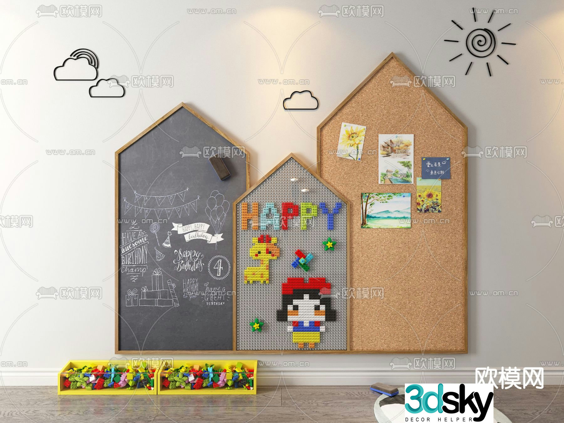 Modern blackboard building blocks cork board wall toy 3d model