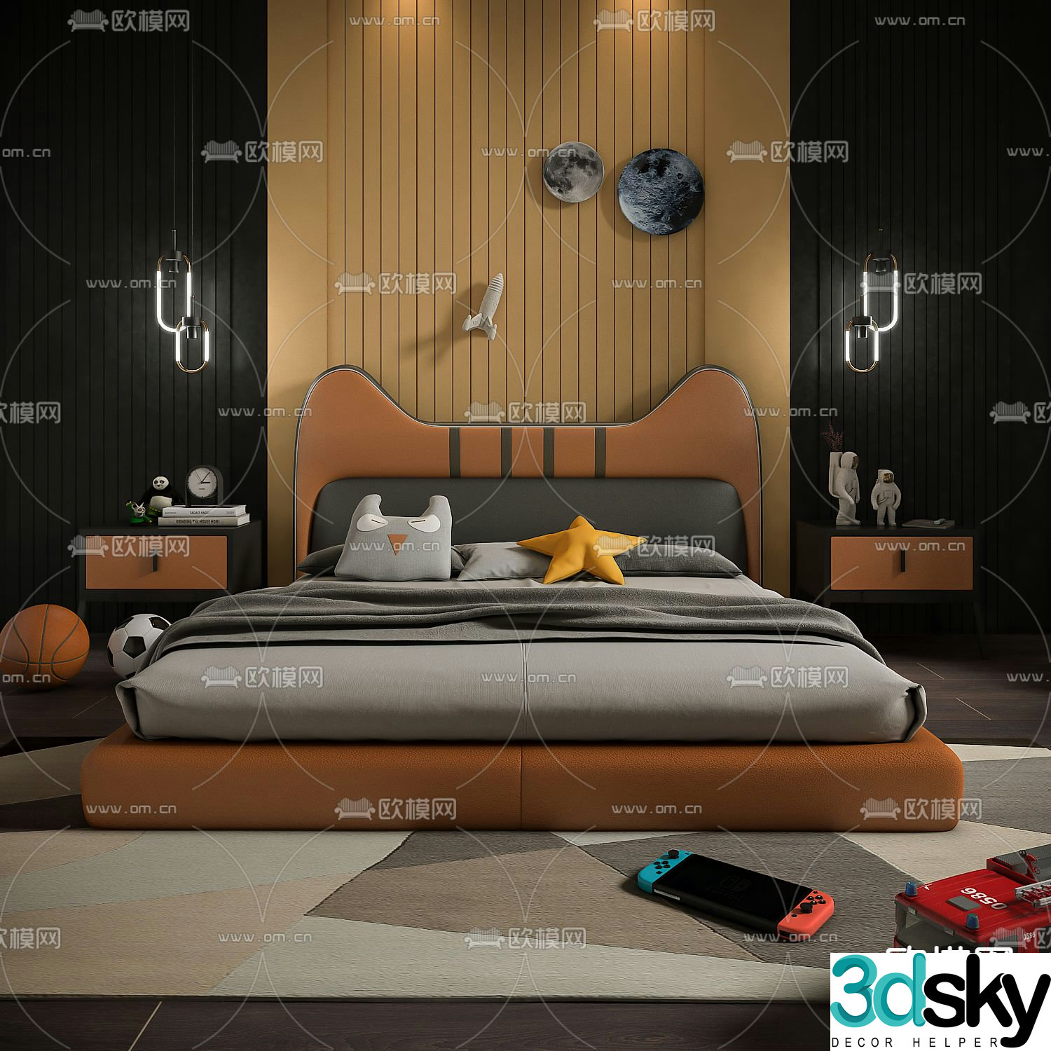 Modern leather cat ear children’s bed 3d model