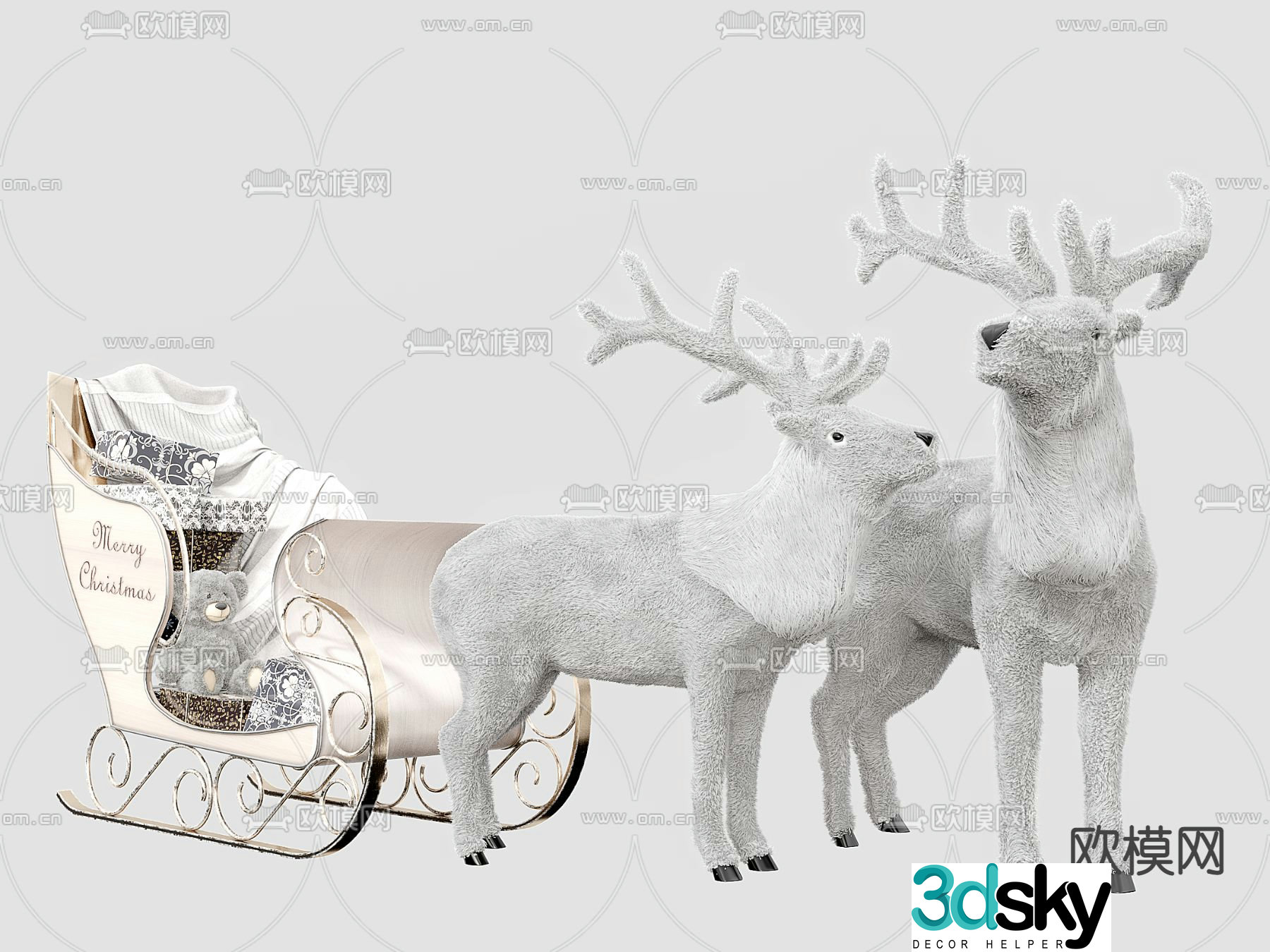 Modern reindeer sleigh beautiful plush doll 3d model