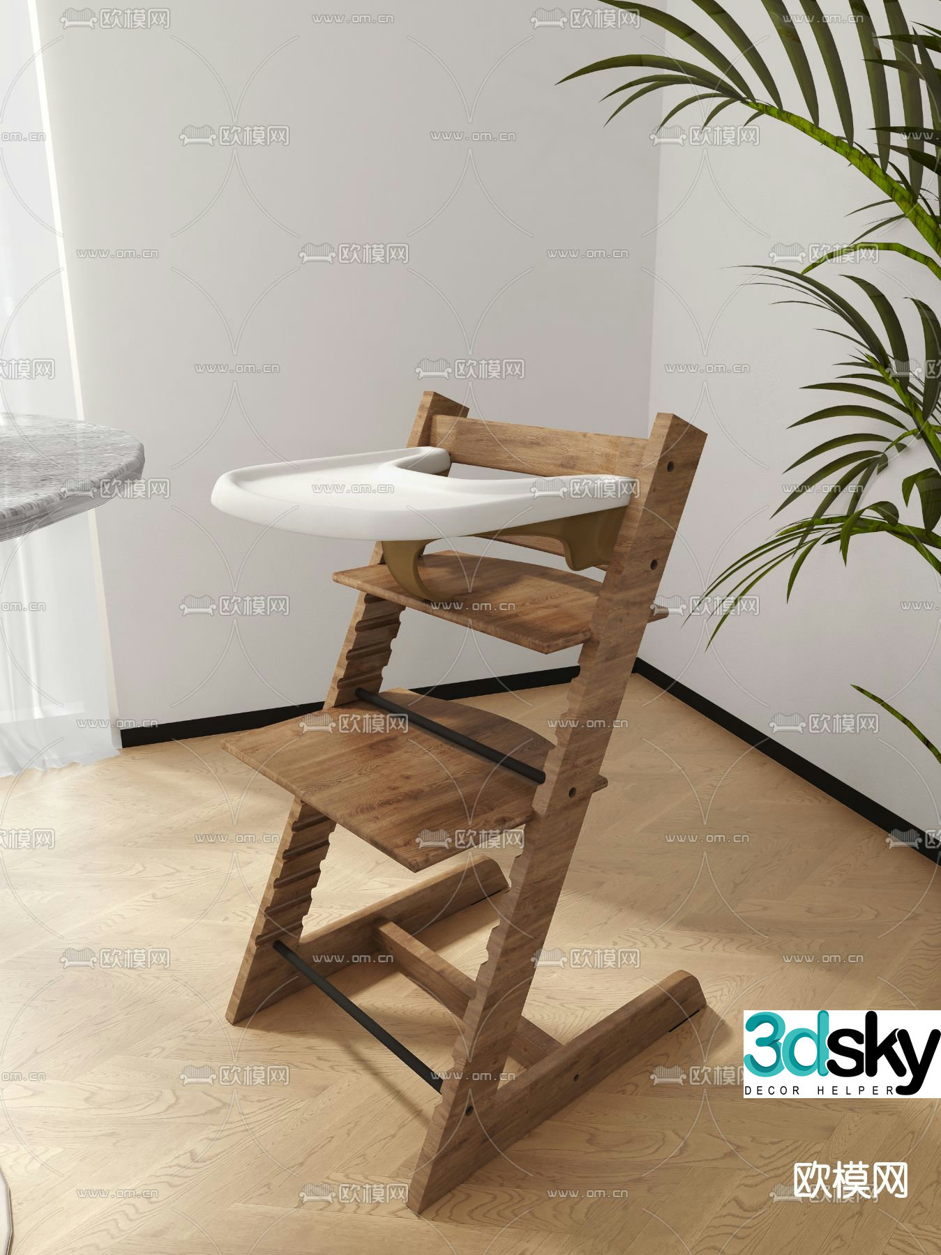 Modern solid wood children’s dining chair 3d model