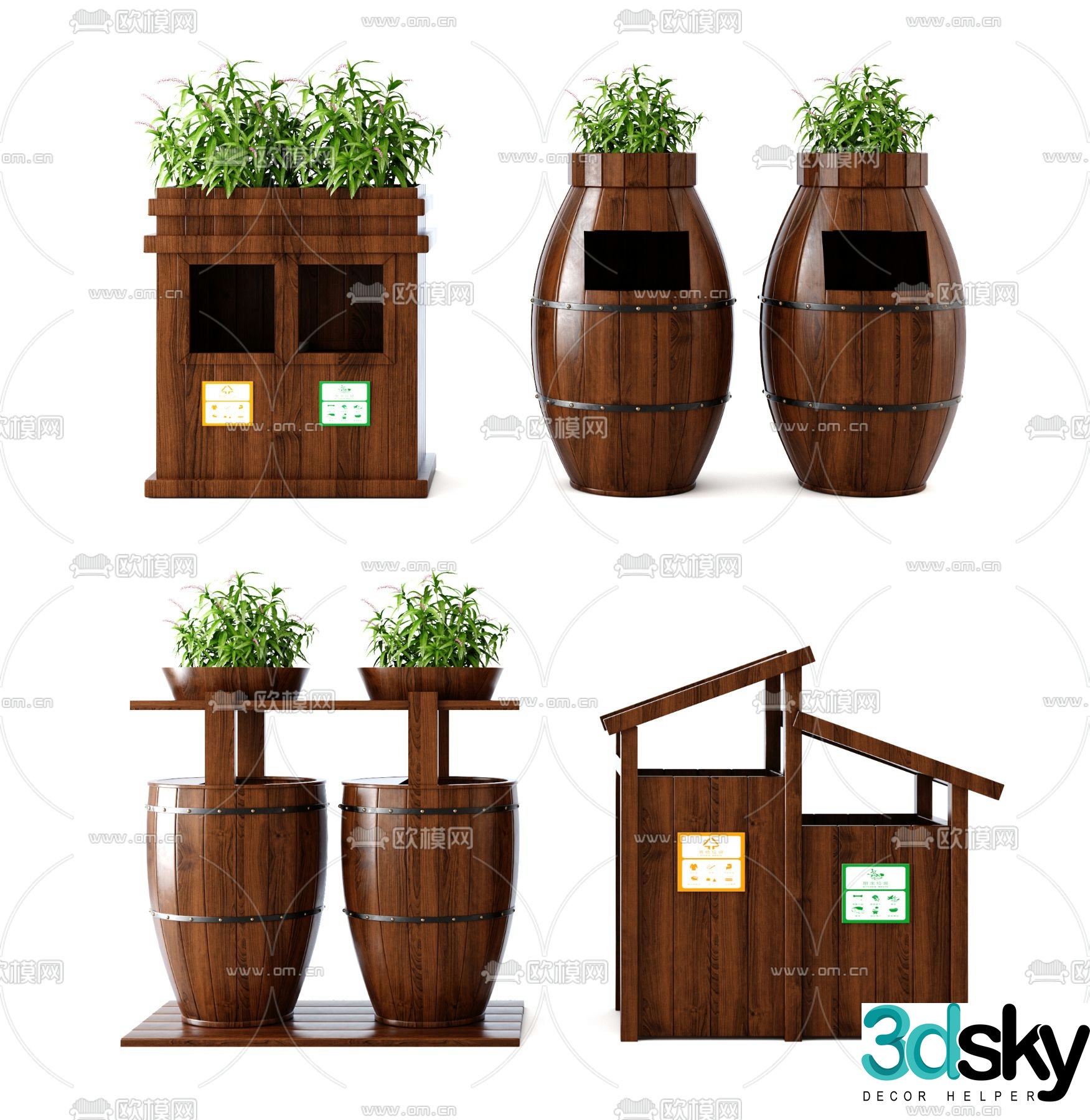 Modern wooden outdoor trash can 3d model