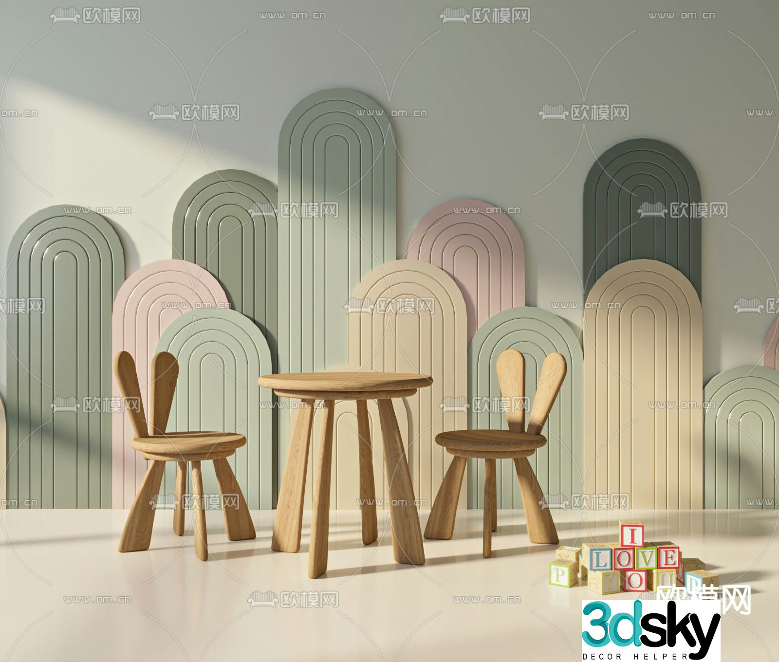 Modern solid wood children’s table and chair 3d model