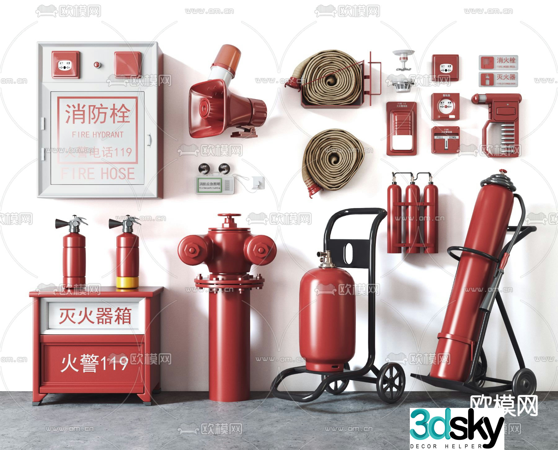 Modern firefighting equipment fire hydrant fire extinguisher 3d model