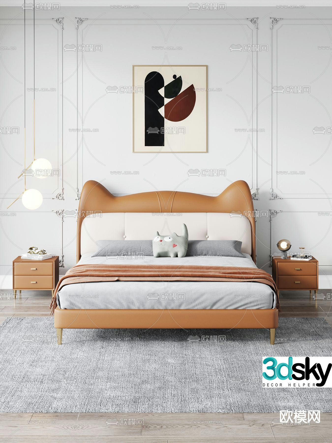 Modern orange leather children’s bed 3d model