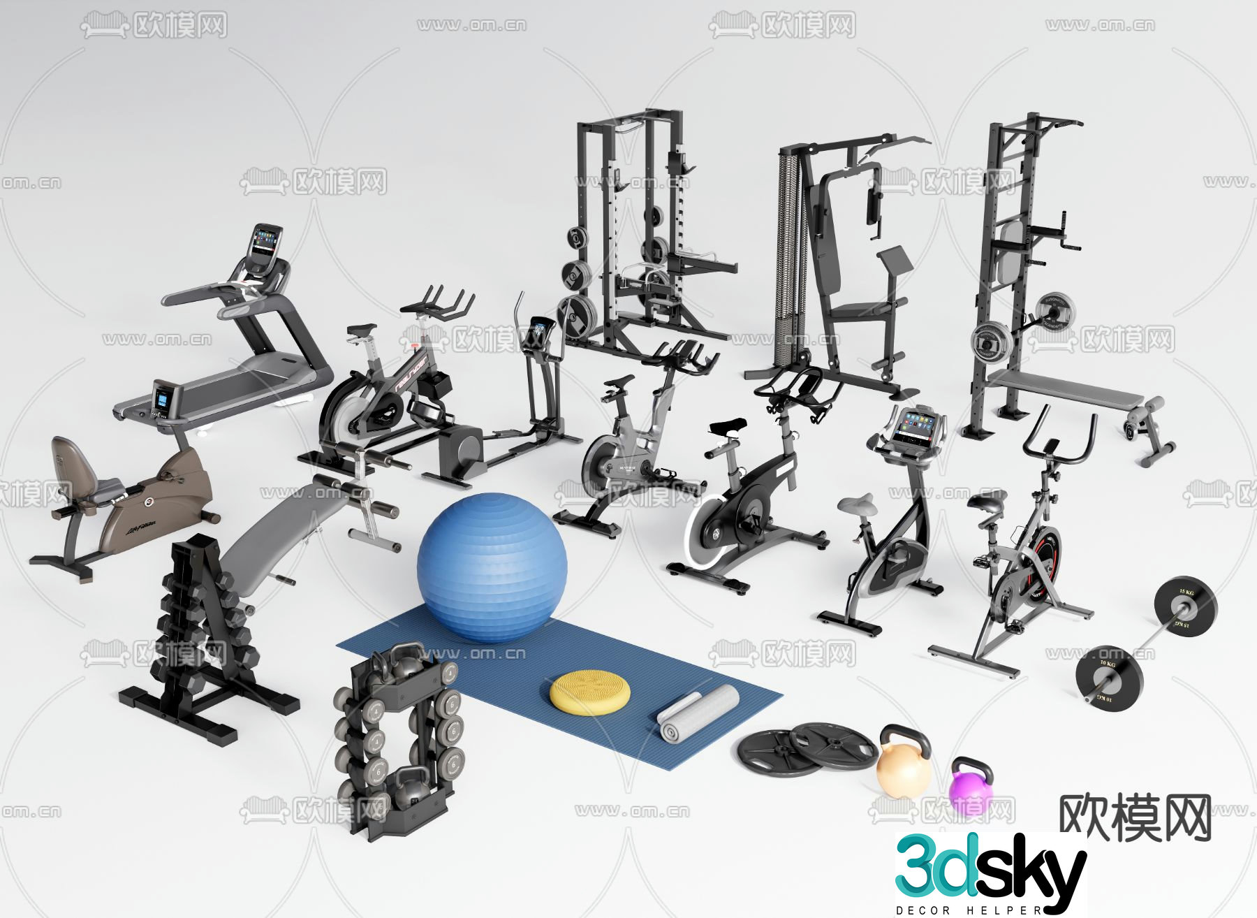 Modern fitness equipment spinning bike treadmill 3d model