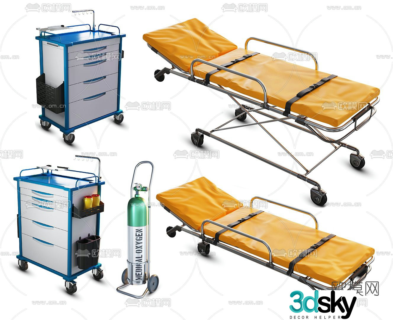 Hospital stretcher oxygen cylinder 3d model
