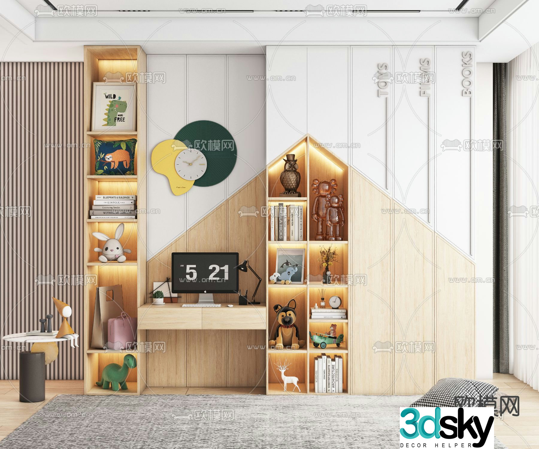 Modern all-in-one children’s bookcase desk 3d model