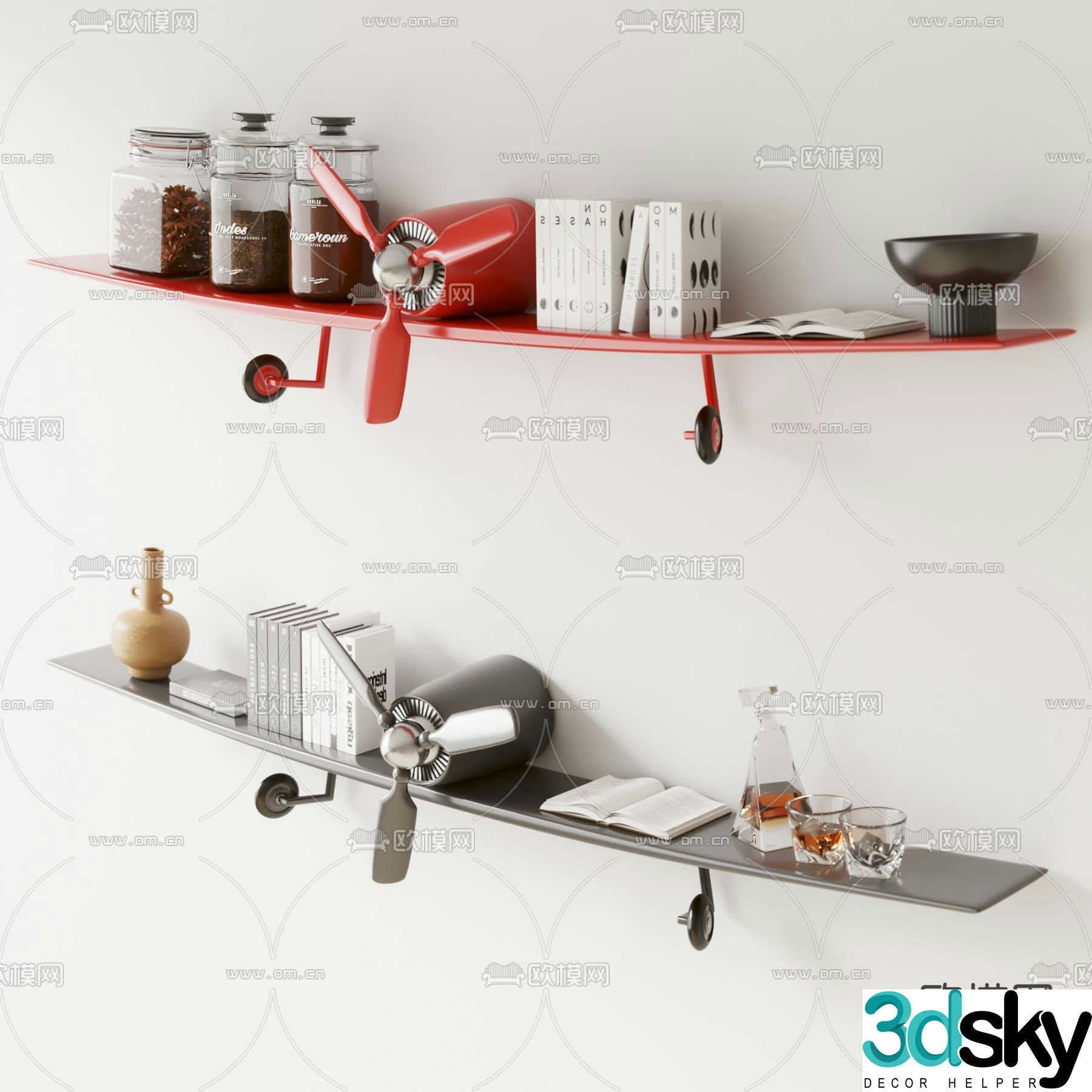 Modern airplane shape children’s bookshelf 3D model