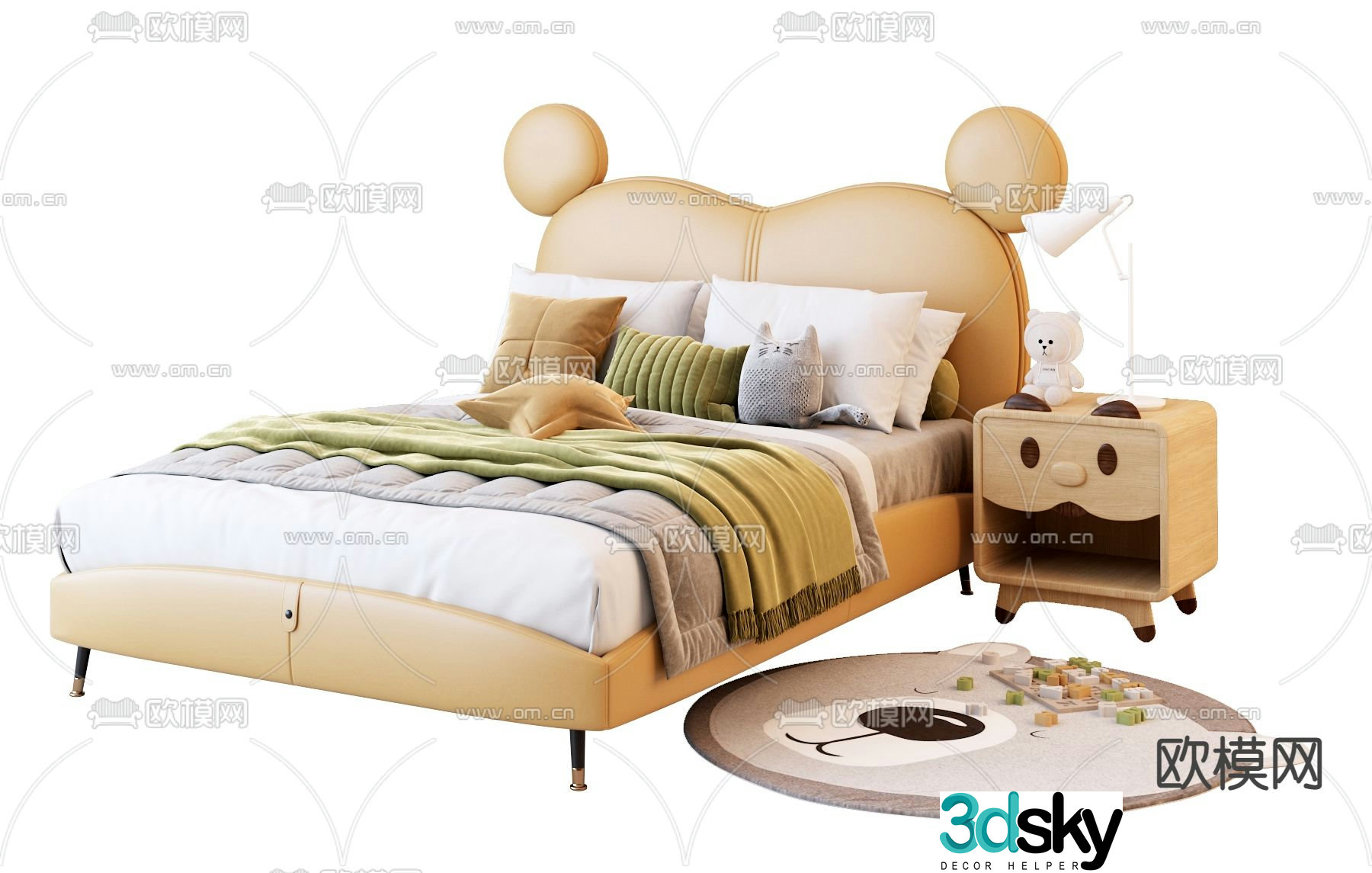Modern yellow leather bear ears children’s bed 3d model
