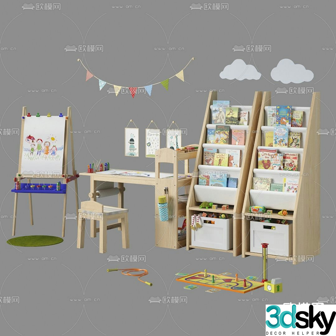 Modern children’s drawing board children’s cabinet desk chair 3d model
