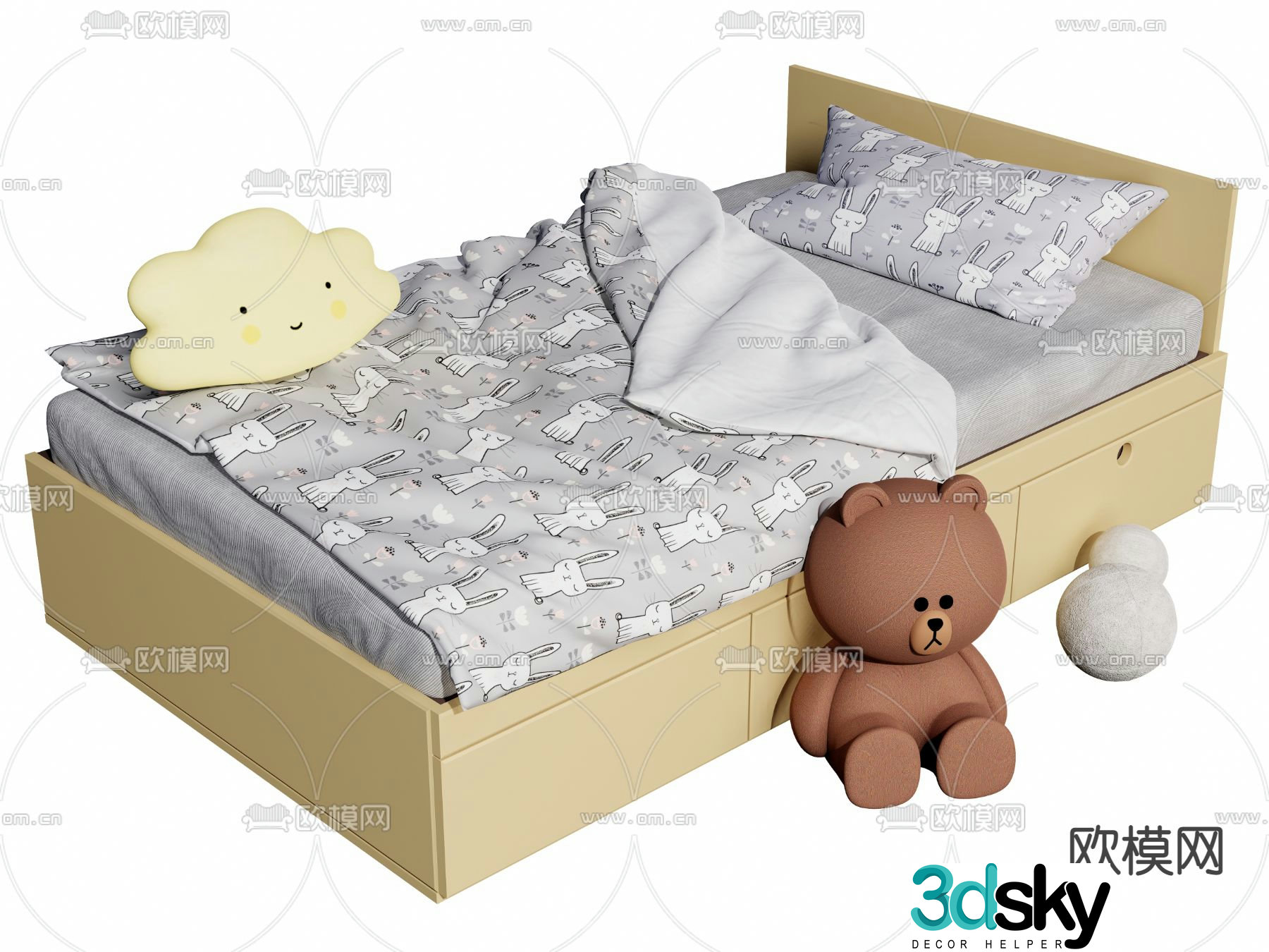 Modern yellow children’s sheet single bed 3d model