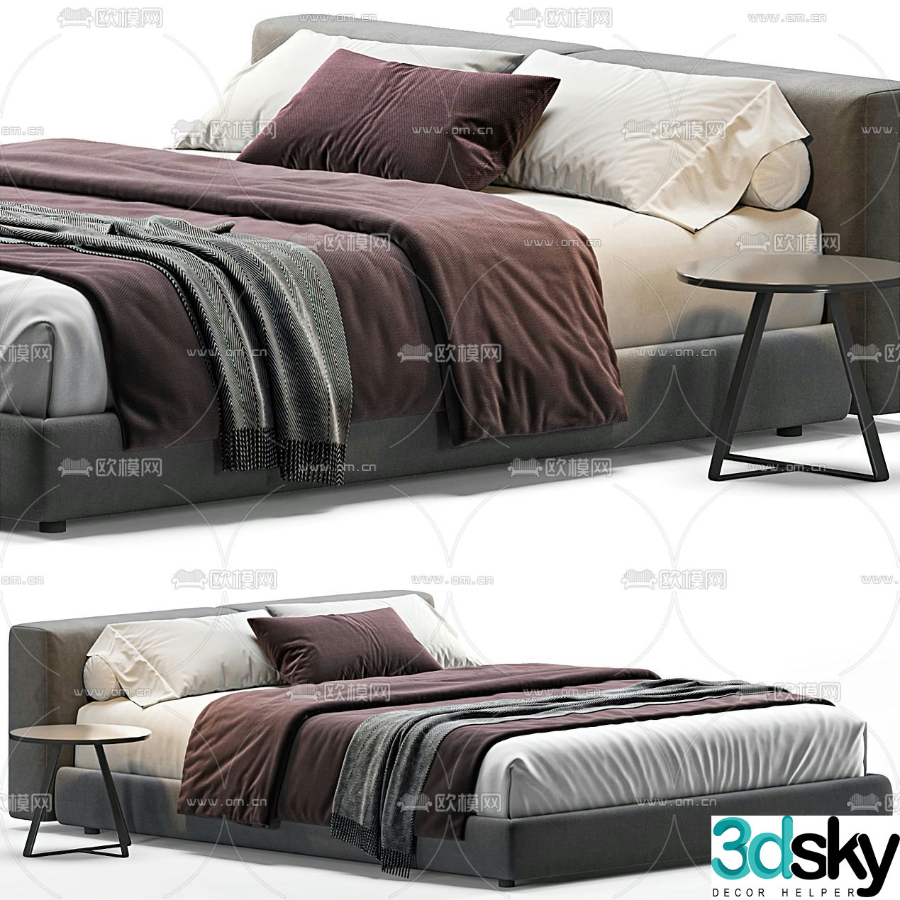 Meridiani modern gray fabric double bed 3d model