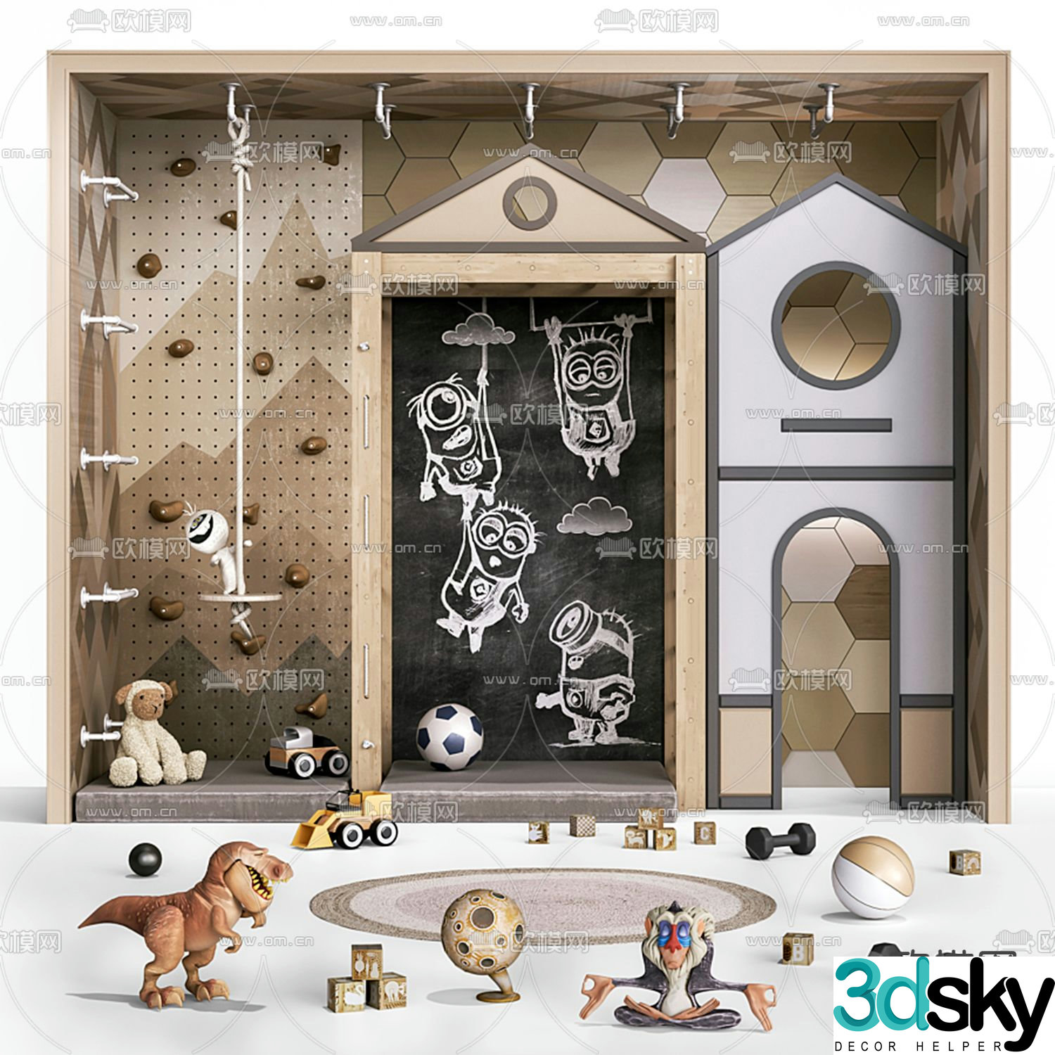 Modern log children climbing wall graffiti blackboard 3d model
