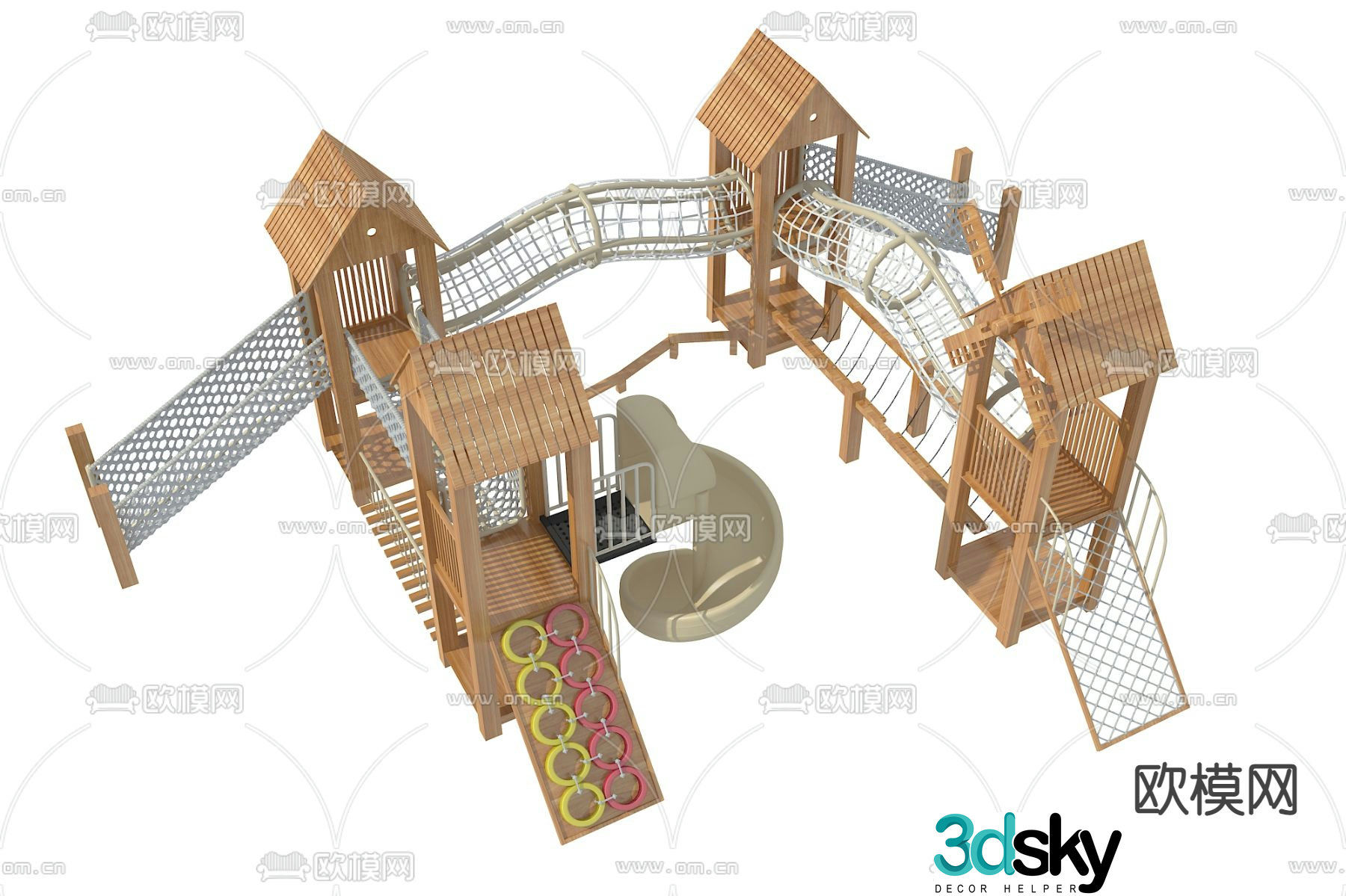 Modern wooden children's slide climbing frame 3d model
