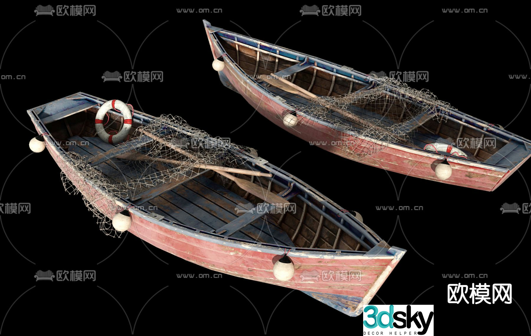 Small boat pleasure boat wooden boat fishing boat fishing net 3d model