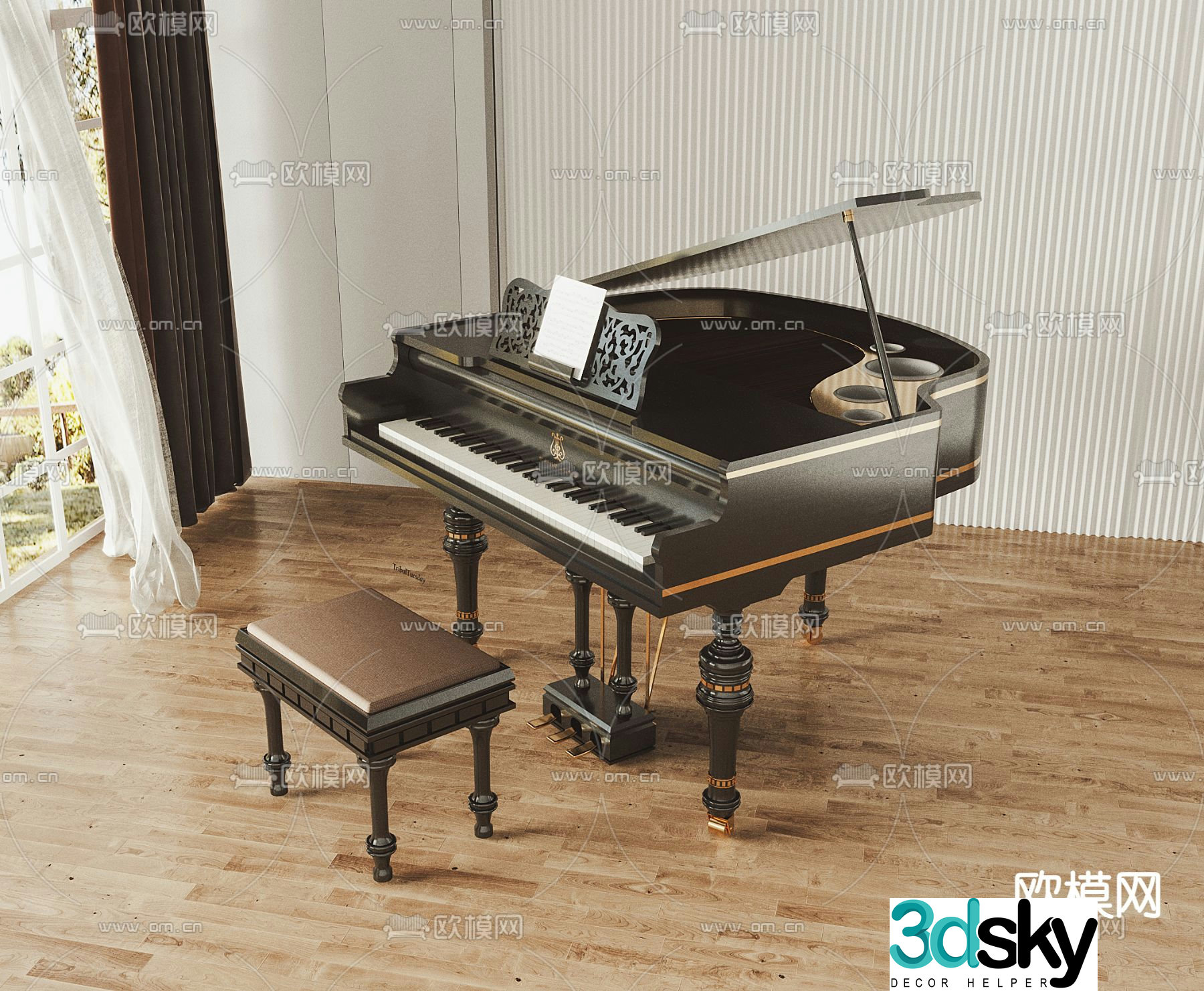 Simple European black grand piano 3D model