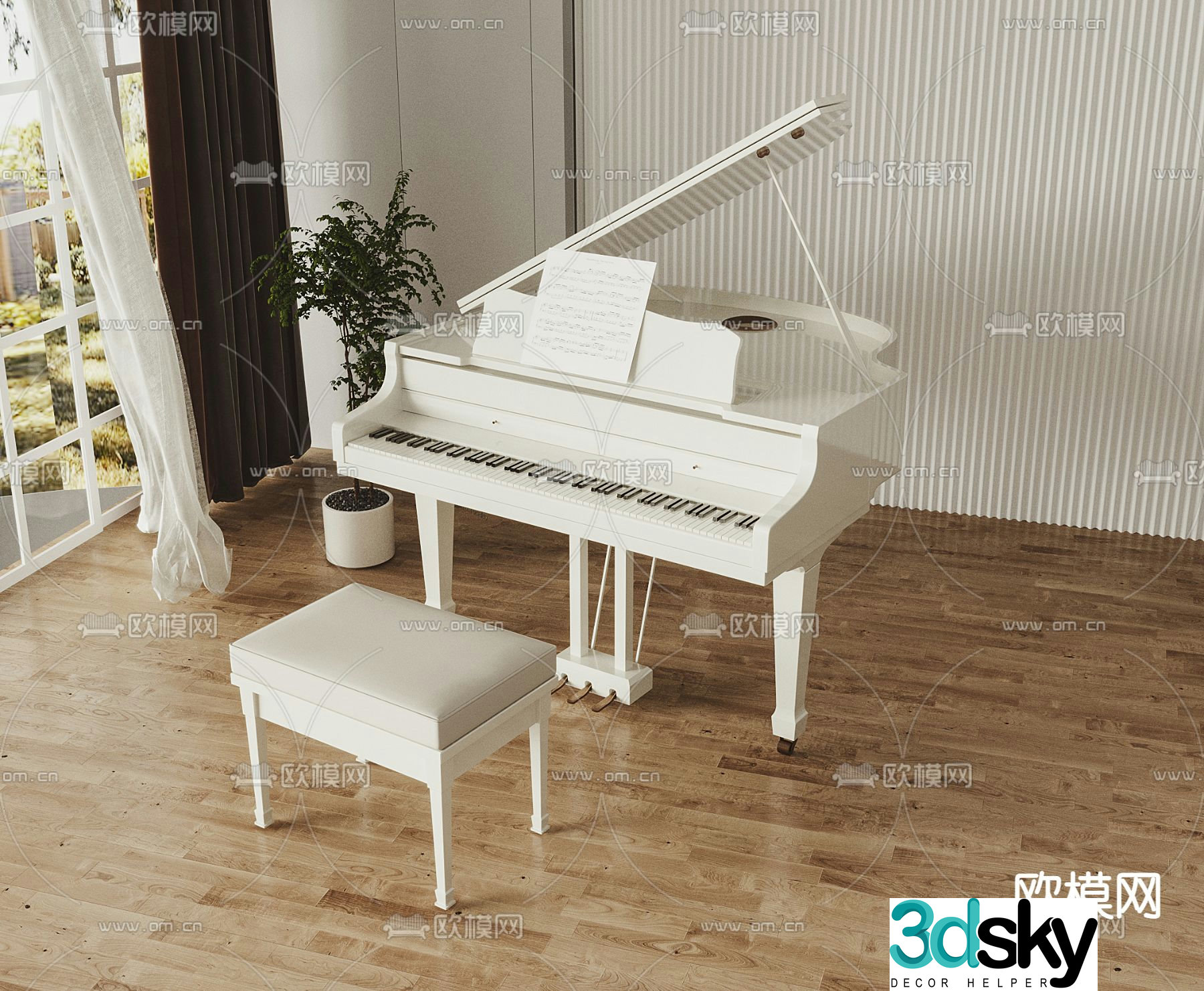 Simple European white piano 3d model