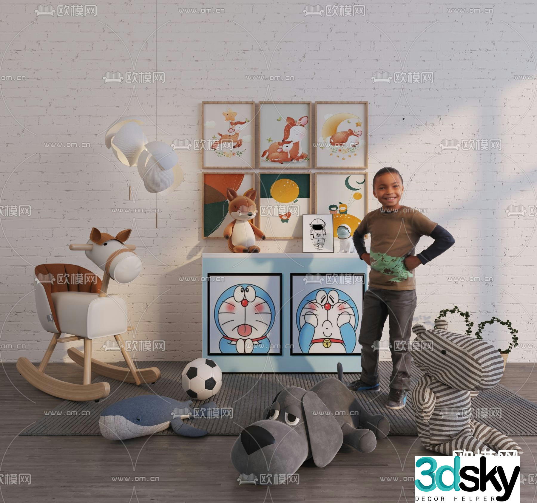 Modern children’s cabinet wooden horse plush toy combination 3d model