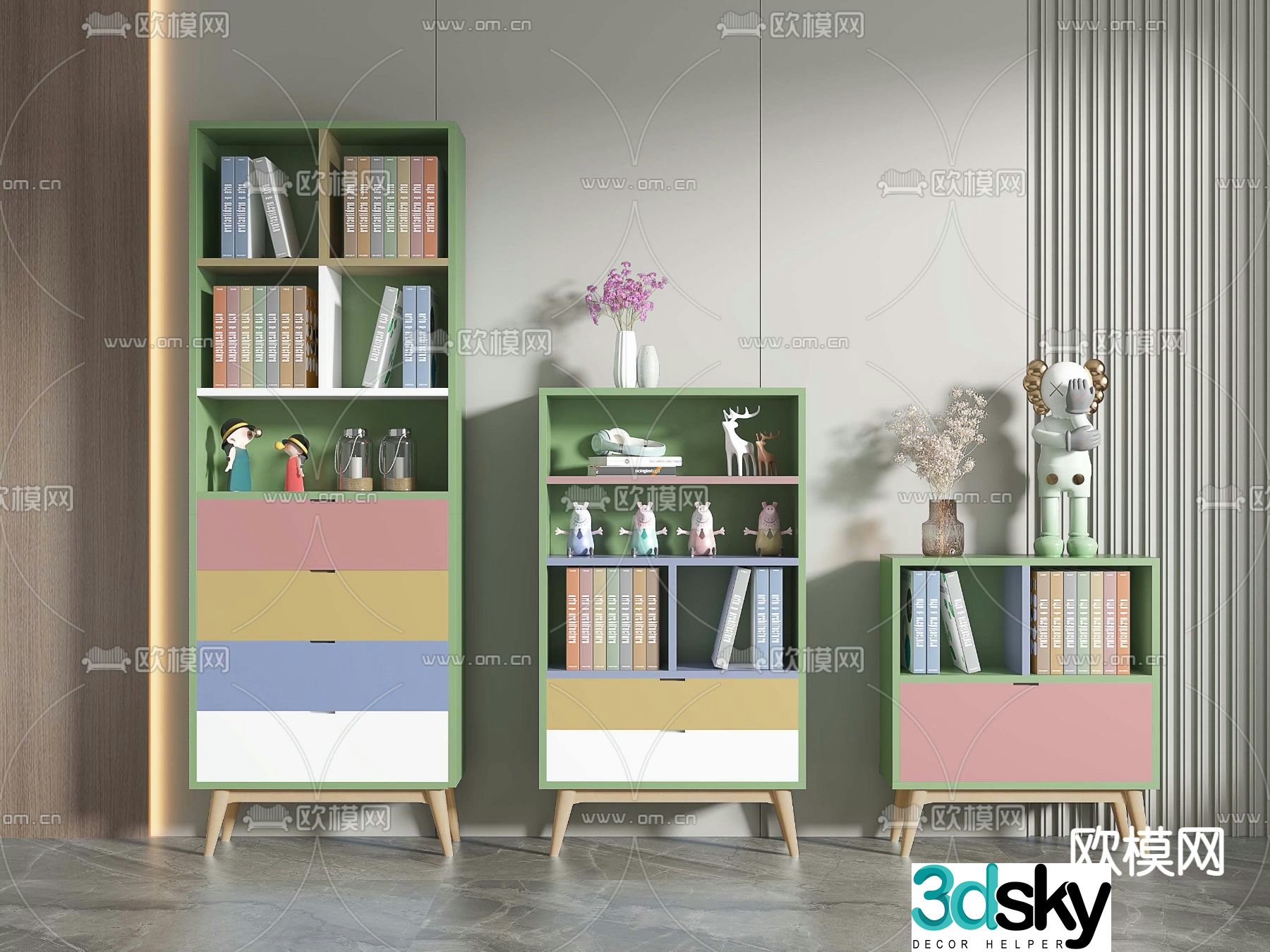 Nordic color children’s bookcase storage cabinet 3d model