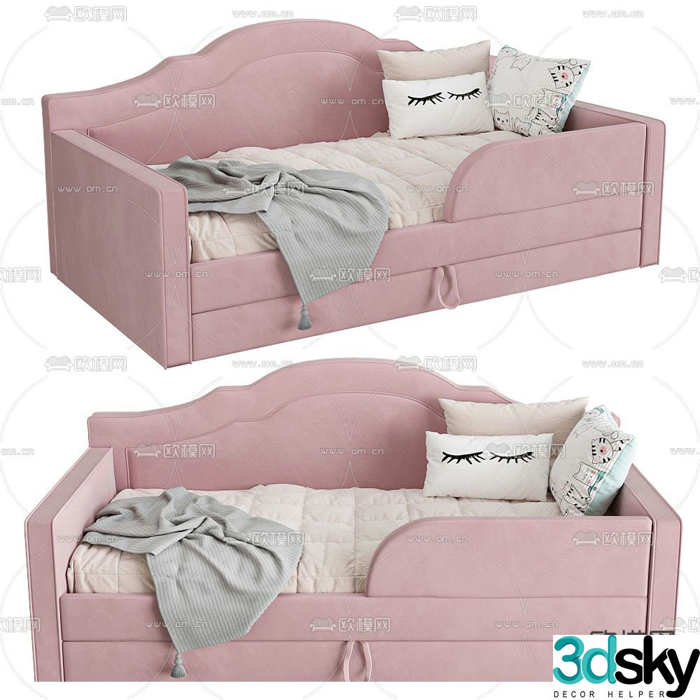 Modern pink fabric children’s bed 3d model