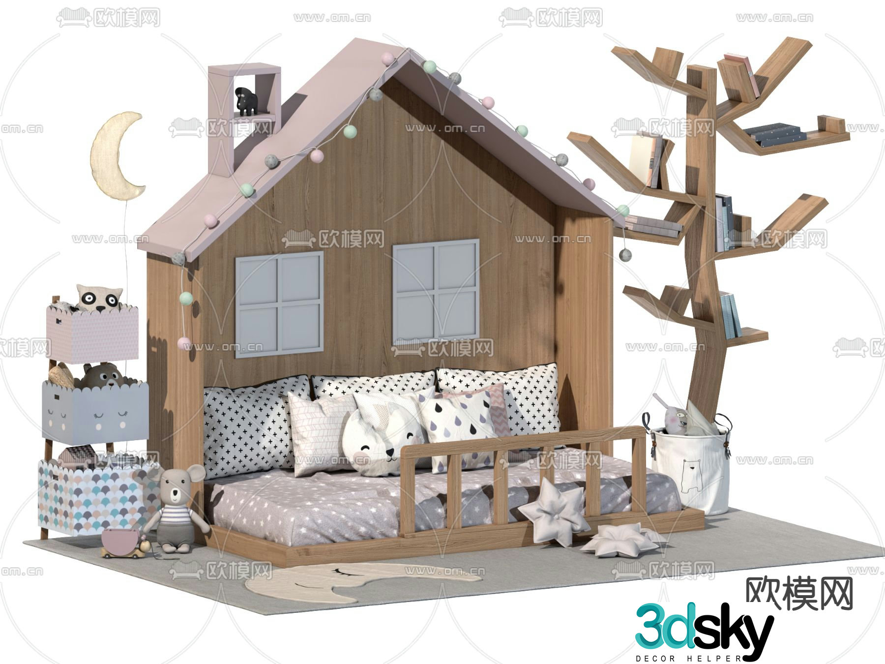 Modern cartoon wooden house children’s bed 3d model