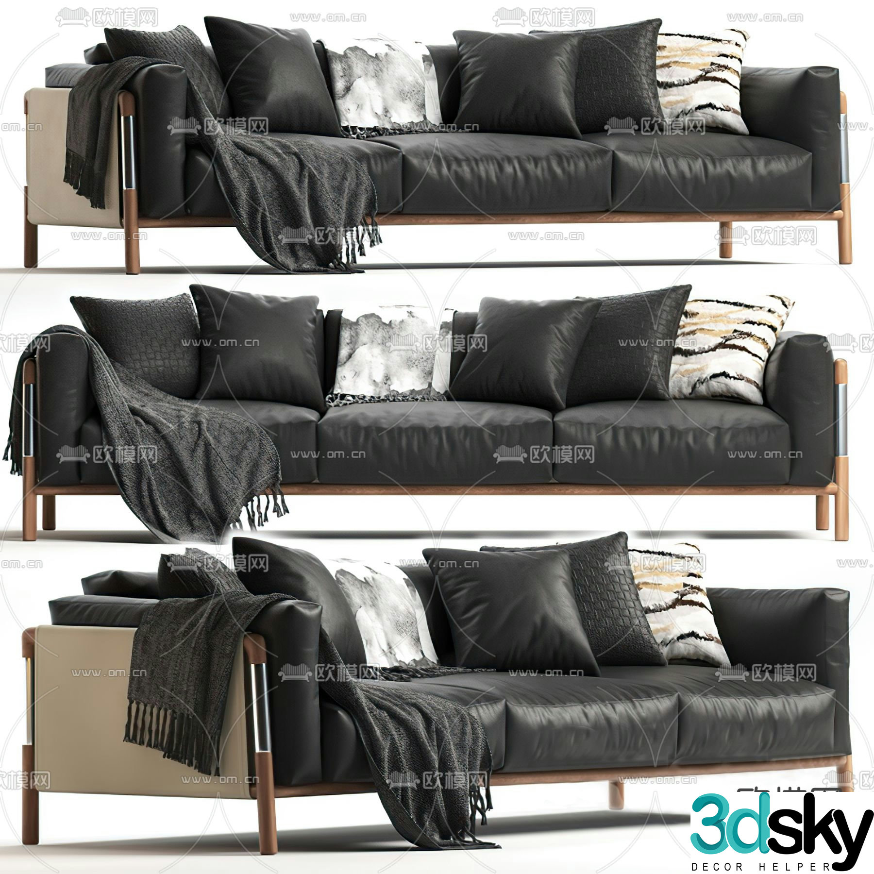 Giorgetti modern black leather multi-seat sofa 3d model