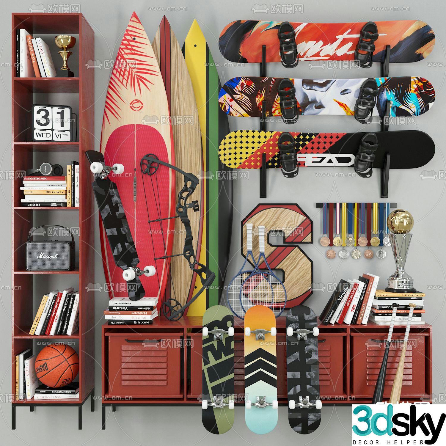 Modern books skateboard basketball sports equipment 3d model