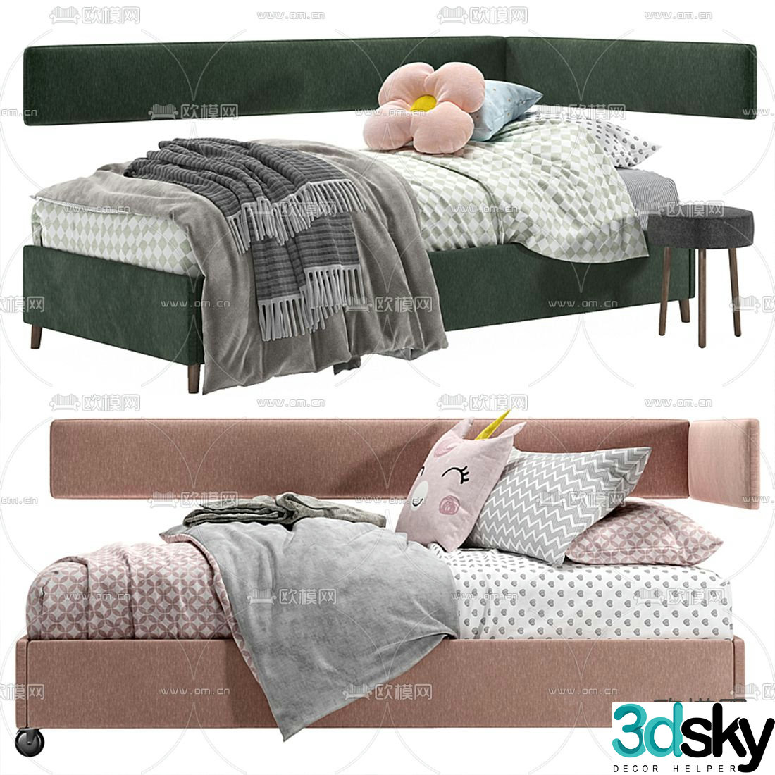 Modern green fabric children’s bed 3d model