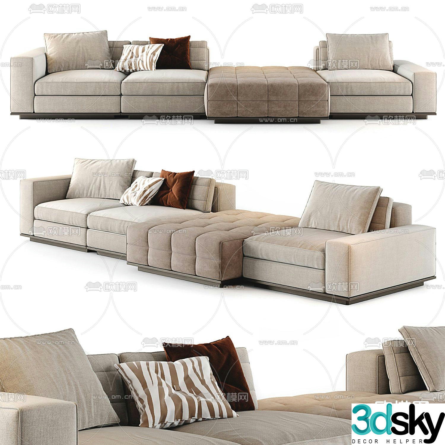 Minotti Lawrence modern light apricot fabric multi-seater sofa 3d model