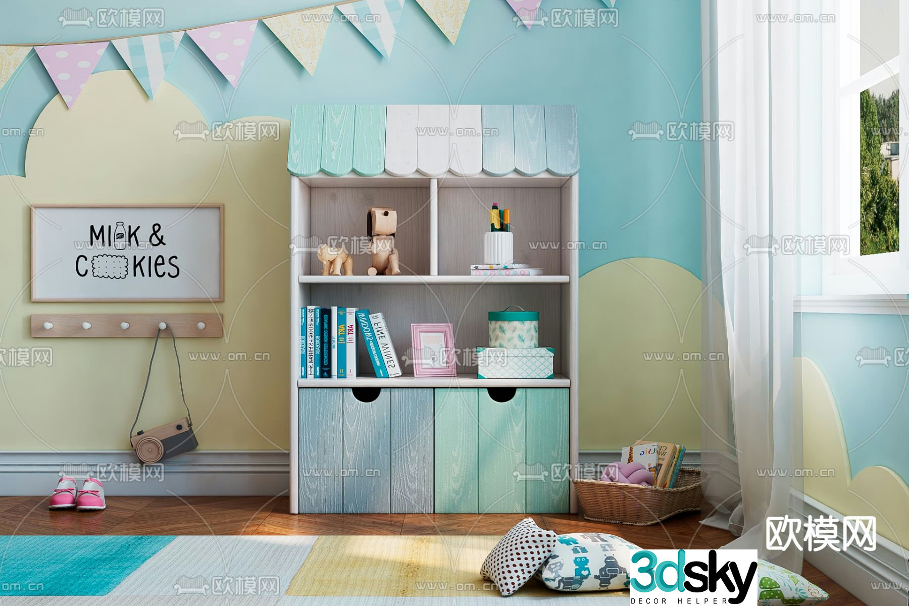 Modern macaron solid wood children’s bookcase 3d model