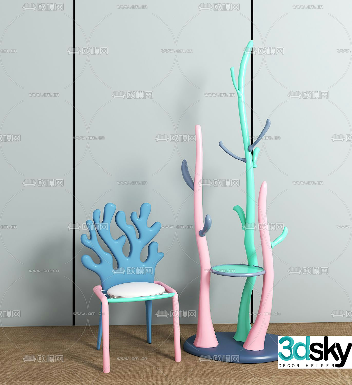 Modern children’s coral side chair 3d model