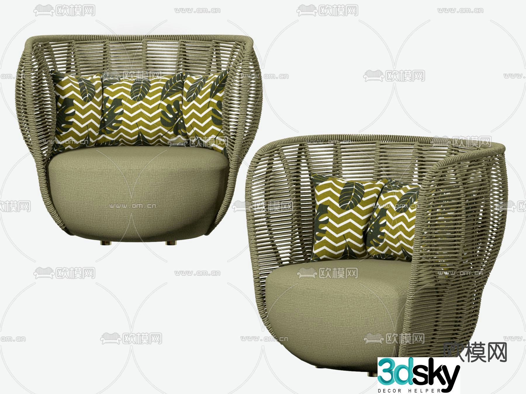 B&B italia modern dark green rattan casual single sofa 3d model