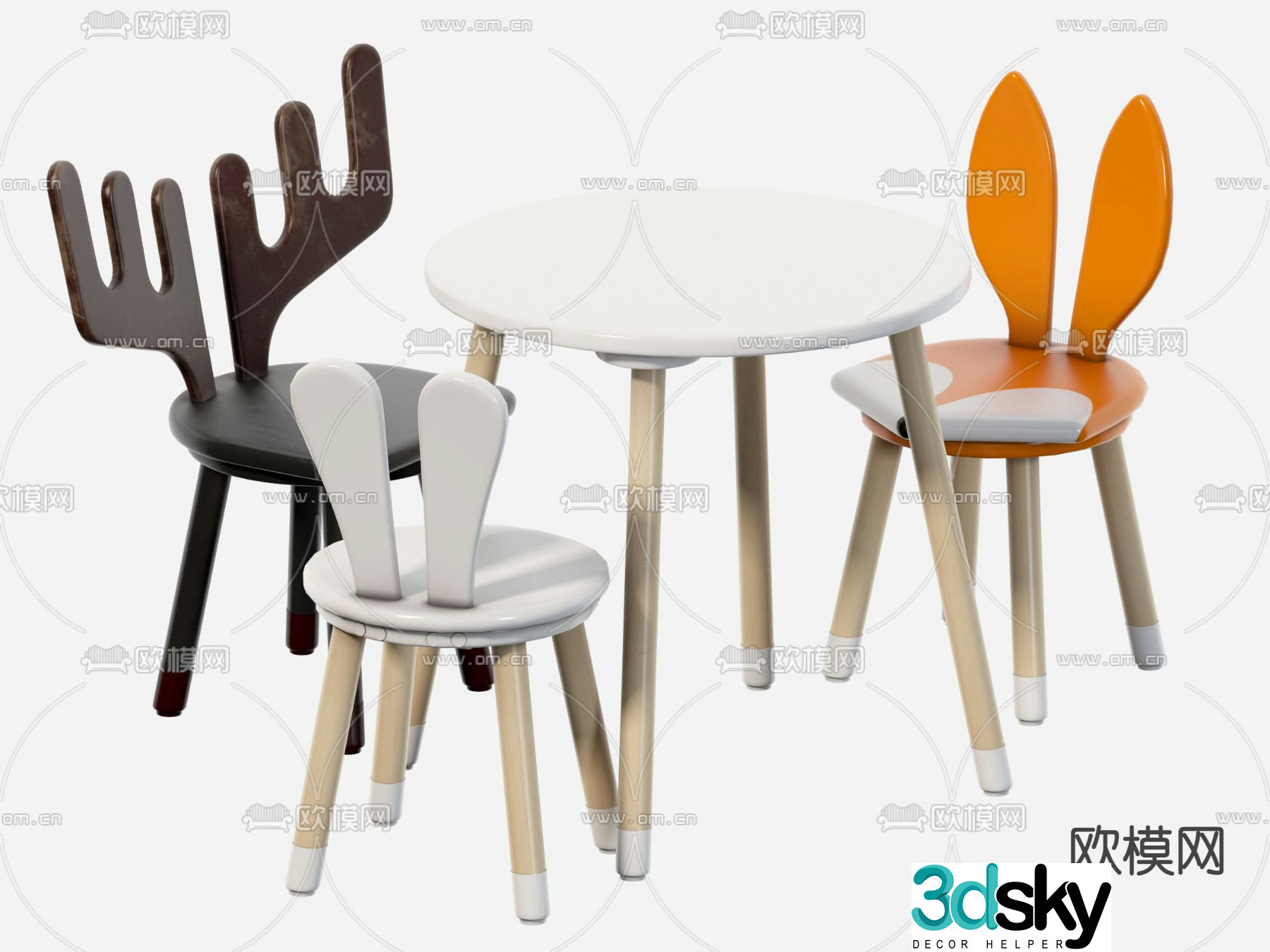 Modern rabbit ears antlers children’s table and chair 3d model