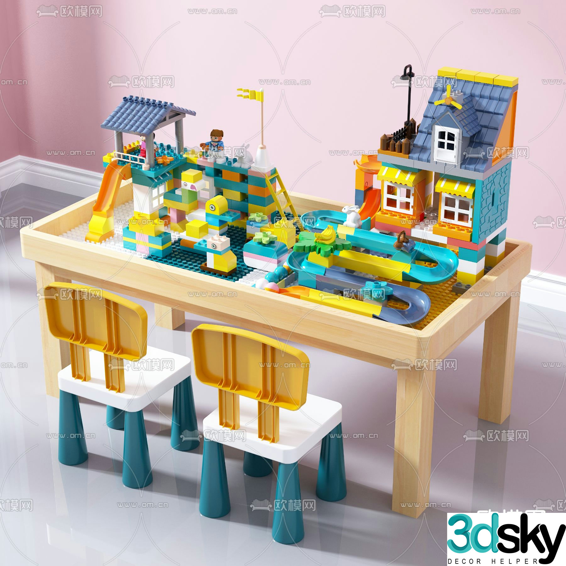 Modern children’s solid wood building block table toy 3d model