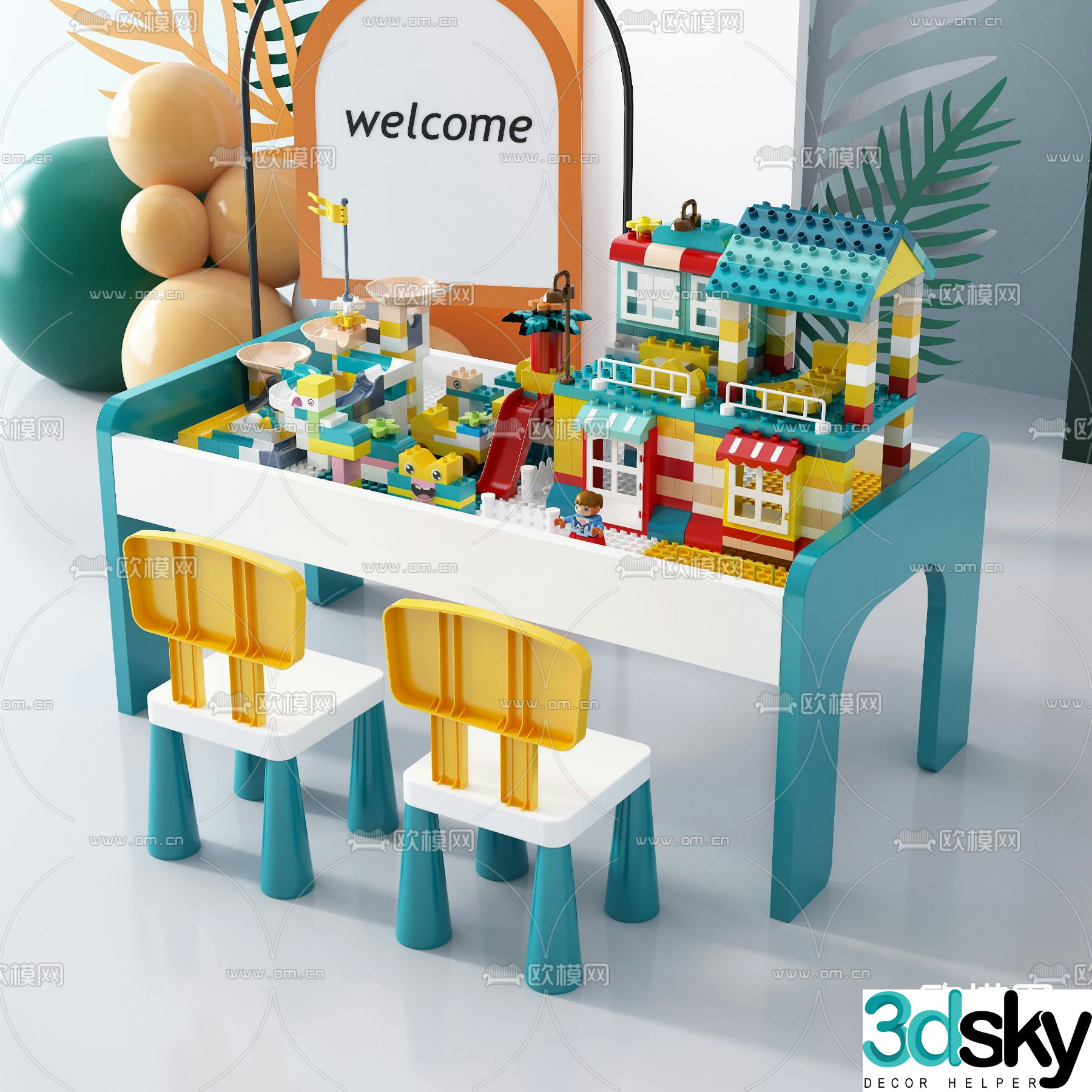 Modern children’s building block table and chair 3d model