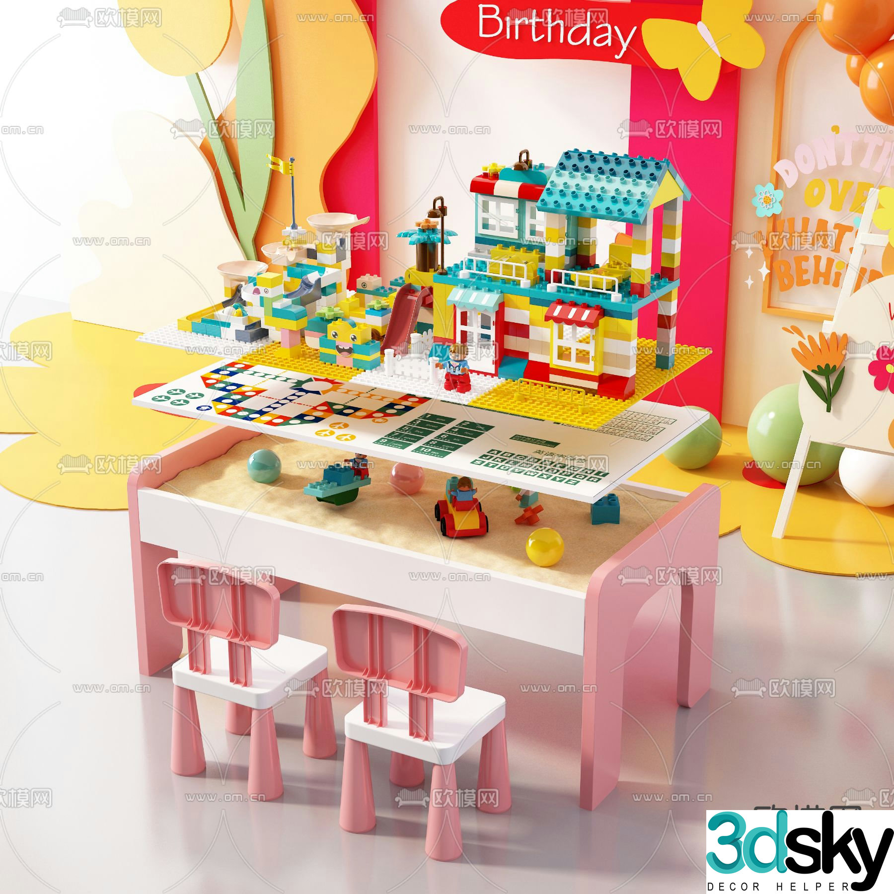 Modern children’s solid wood building block table toy 3d model