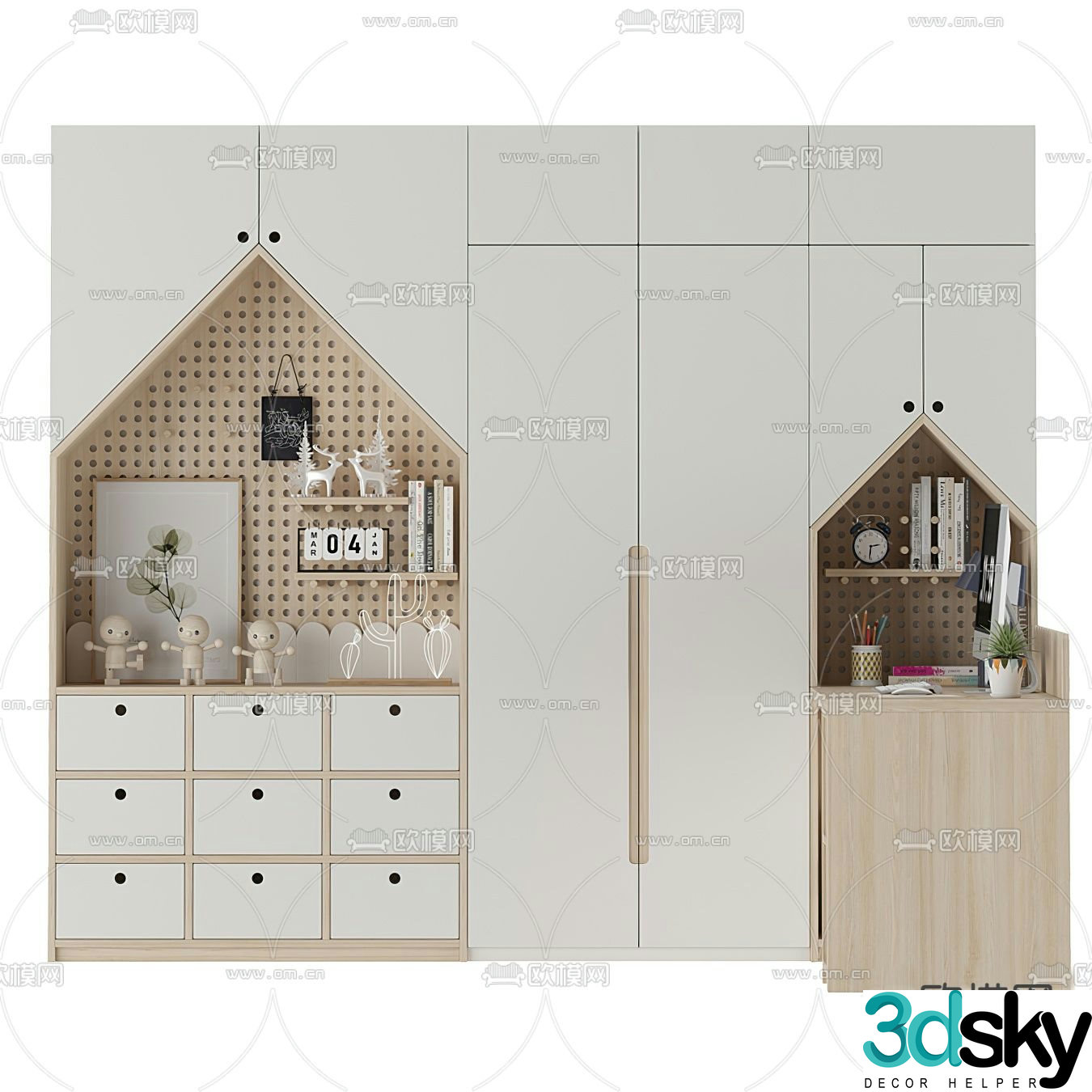 Modern solid wood children’s wardrobe desk 3d model