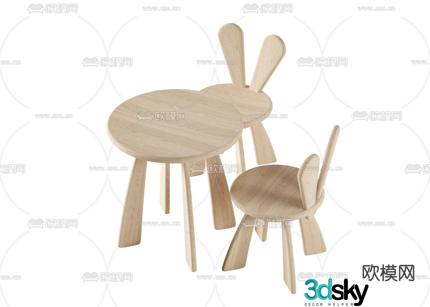 Nordic solid wood rabbit ear children’s table and chair 3d model