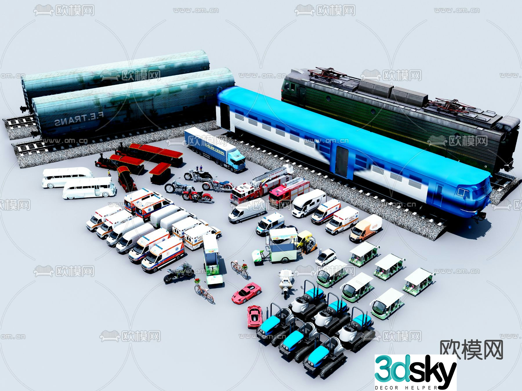 Modern ambulance bus train motorcycle car combination 3d model